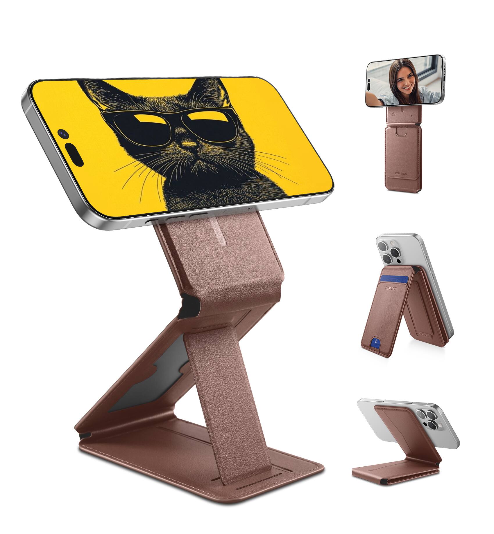 Front. SURITCH - NFC-Supported Card Holder for iPhone 18/17/16/15/14/13/12 Series MagSafe Magnet Wallet, Adjustable Selfie Stick - Brown.