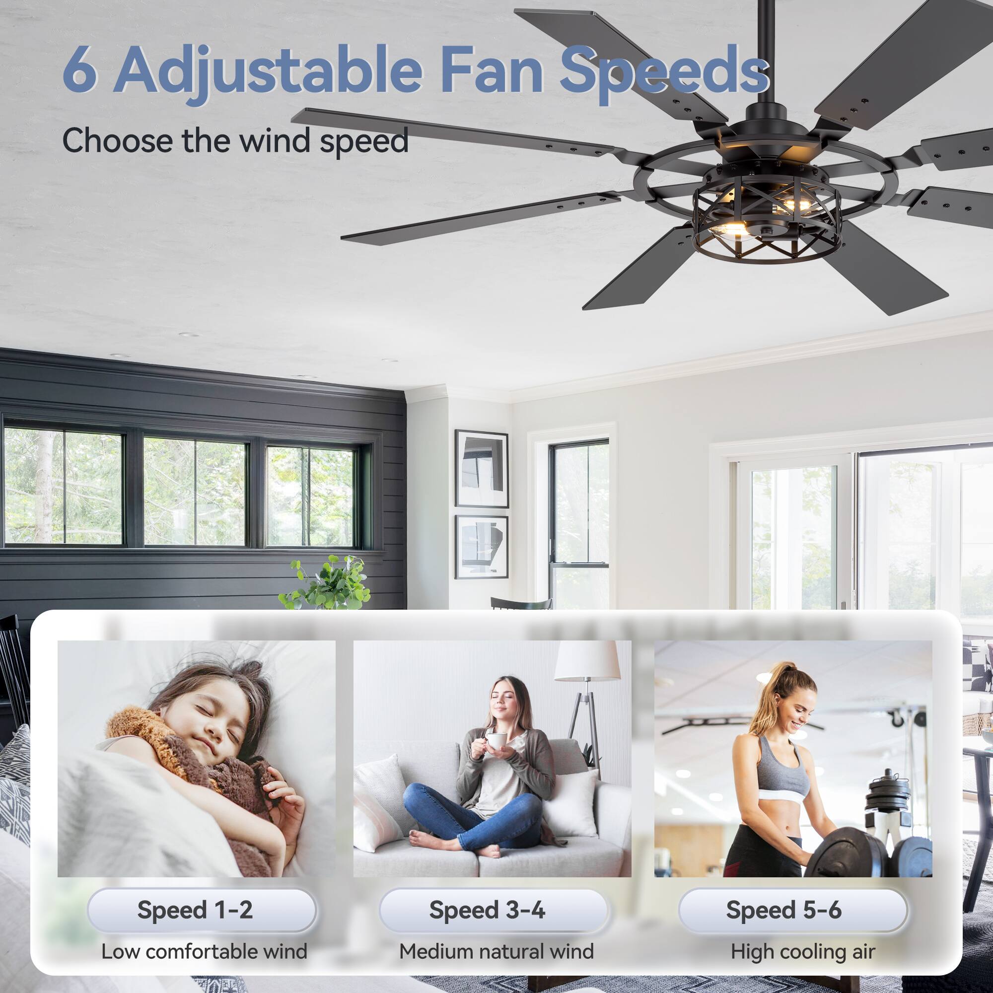 6 Adjustable Fan Speeds
Choose the wind speed
Speed 1-2 Low comfortable wind
Speed 3-4 Medium natural wind
Speed 5-6 High cooling air