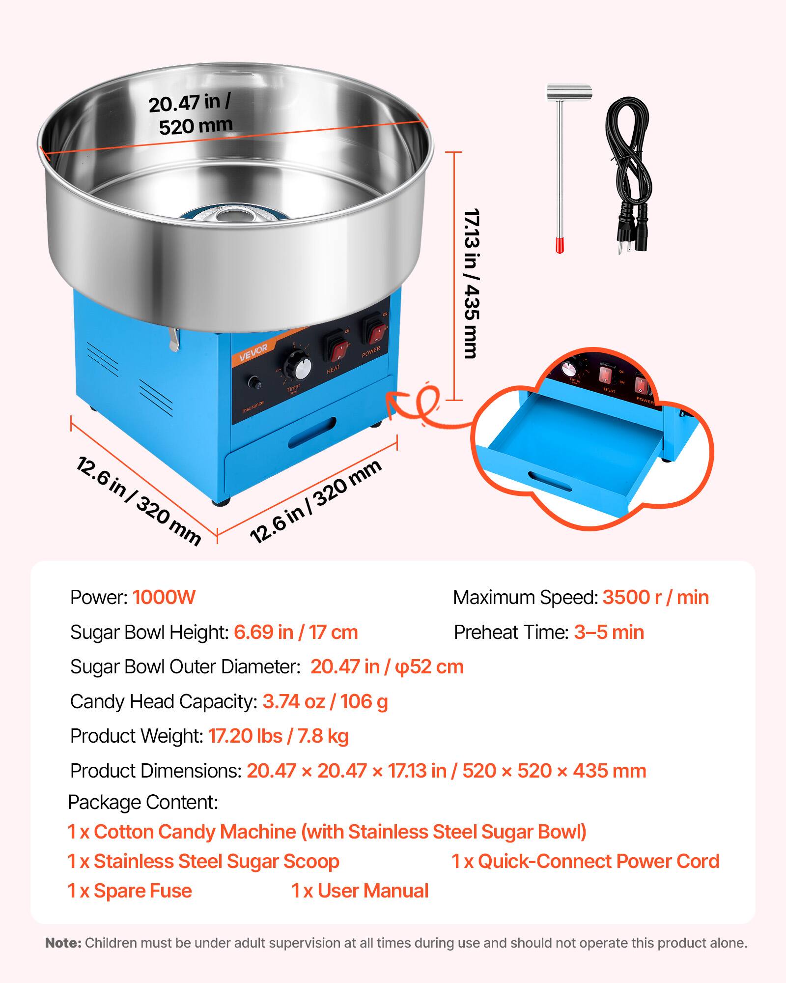 VEVOR Cotton Candy Machine Commercial 1000W Electric Candy Floss Maker ...