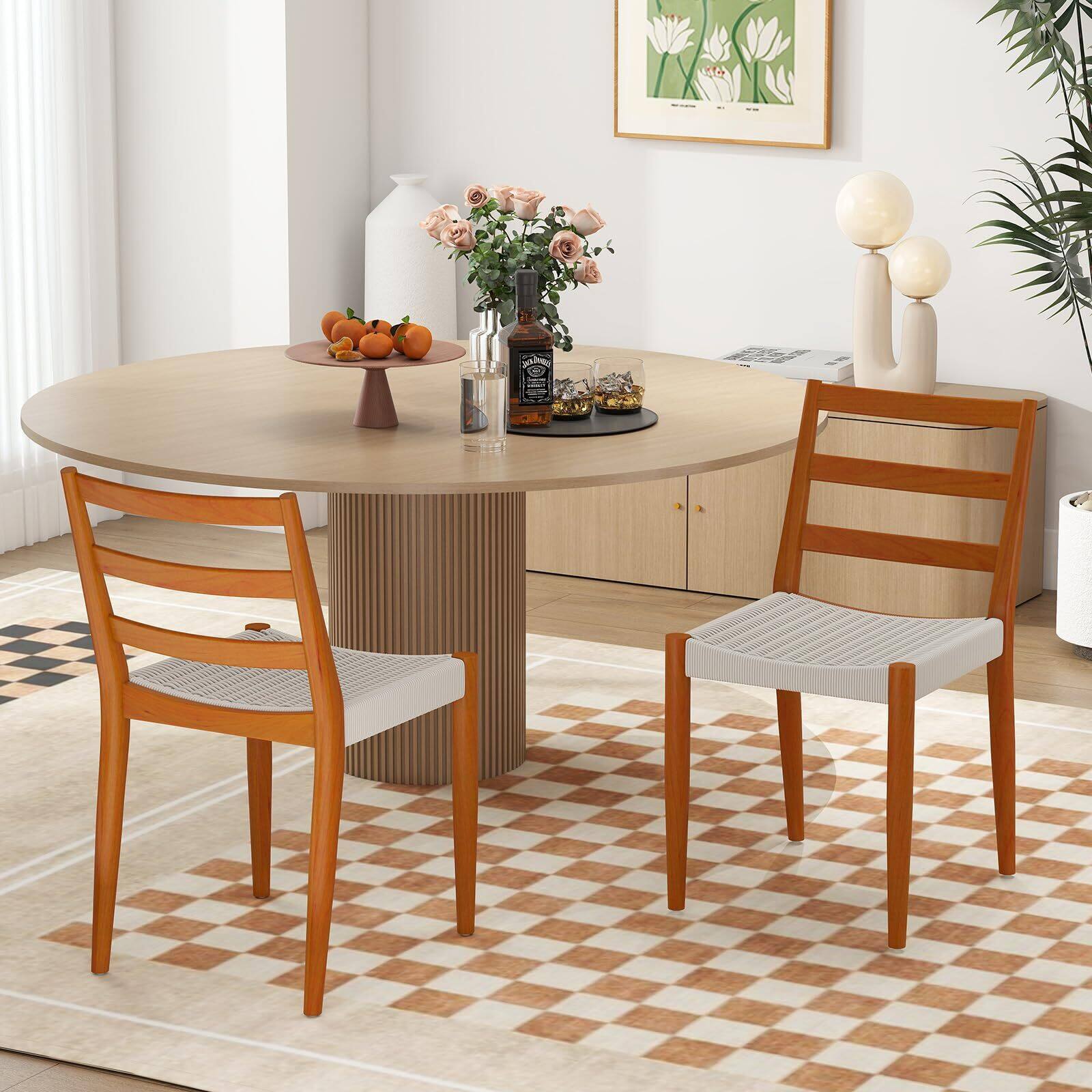 Front. Bestier - Dining Chairs with Curved Wooden Backrest, Woven Rope Seat and Solid Wood Tapered Legs - wooden.