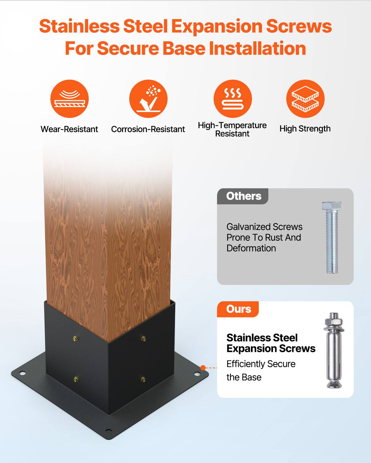 Stainless Steel Expansion Screws For Secure Base Installation

- Wear-Resistant
- Corrosion-Resistant
- High-Temperature Resistant
- High Strength

Others:
- Galvanized Screws Prone To Rust And Deformation

Ours:
- Stainless Steel Expansion Screws Efficiently Secure the Base