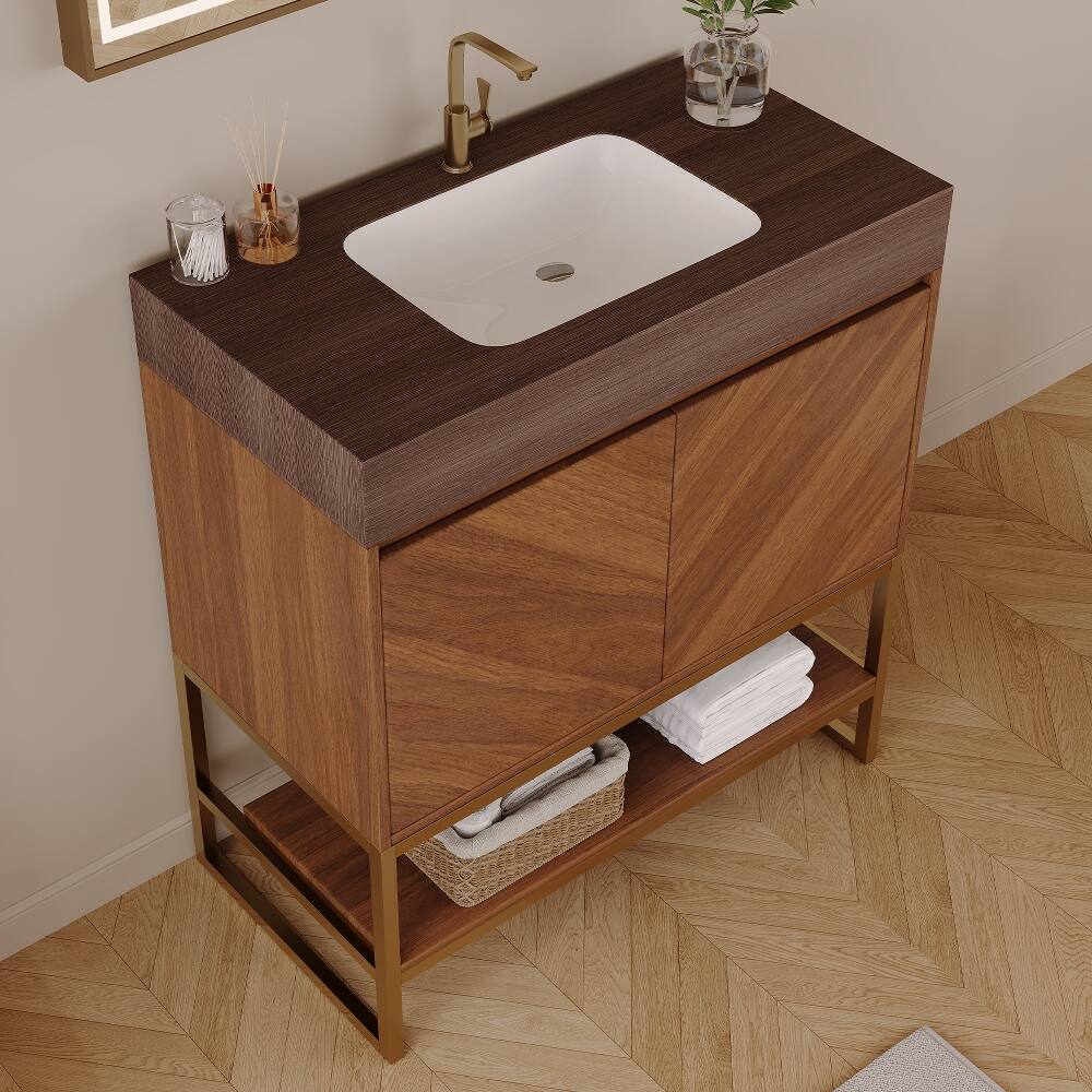 Alt View 1. Loheer - Loheer 29.9 inch modern freestanding bathroom vanity with Ceramic Sink Brown Oak - Brown.