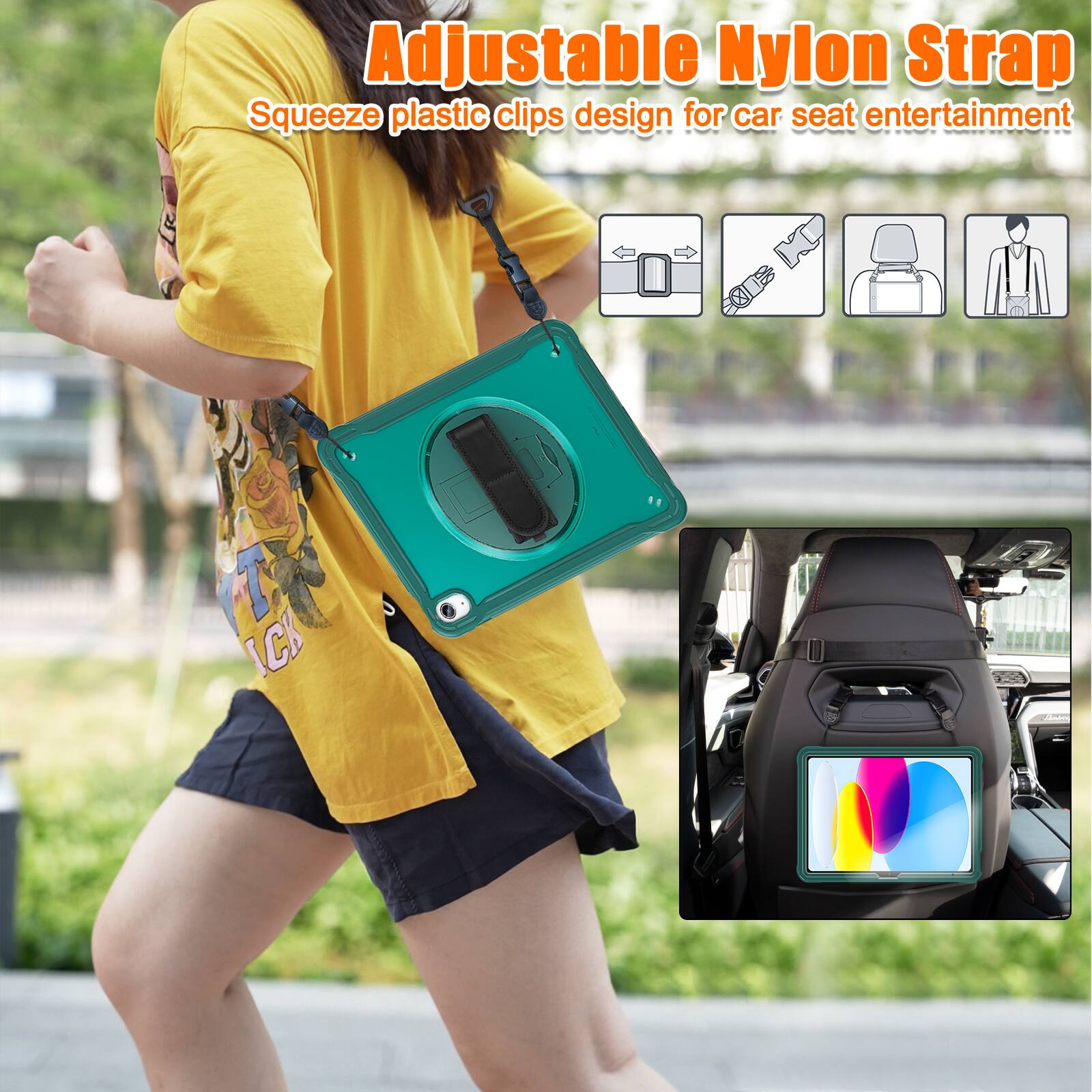 Adjustable Nylon Strap  
Squeeze plastic clips design for car seat entertainment