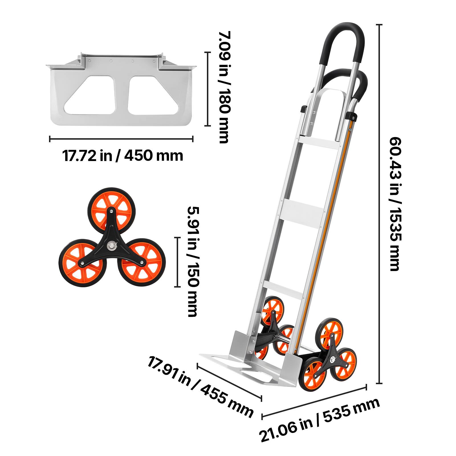 17.72 in / 450 mm  
5.91 in / 150 mm  
7.09 in / 180 mm  
0.43 in / 11 mm  
60.43 in / 1535 mm  
17.91 in / 455 mm  
21.06 in / 535 mm