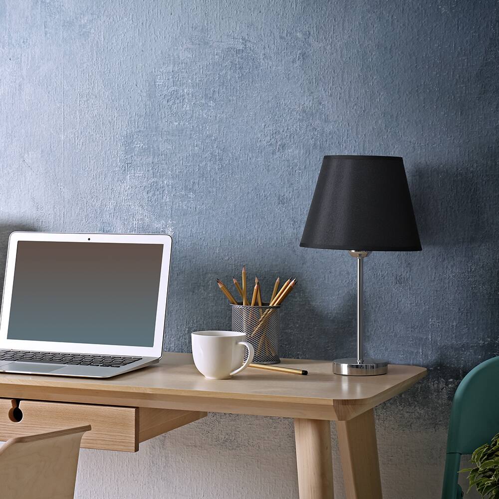 Alt View 1. Oumilen - Small Black Shade Table Lamp with Chrome Base, E26 Socket & UL Plug.