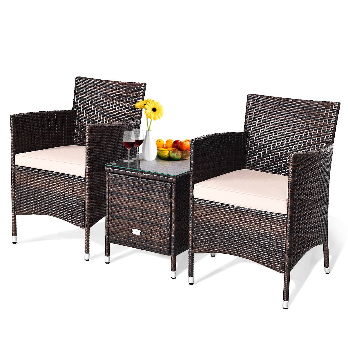 Left. Costway - Outdoor 3 PCS PE Rattan Wicker Furniture Sets Chairs Coffee Table Garden - Beige.