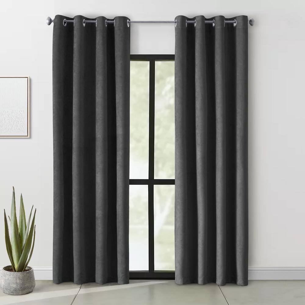 Angle. Commonwealth Home Fashions - Thermaplus Navar Blackout Suede Textured Window Treatment Grommet Curtain Panel for Bedroom Livingroom 54" x 63" Black - Black.