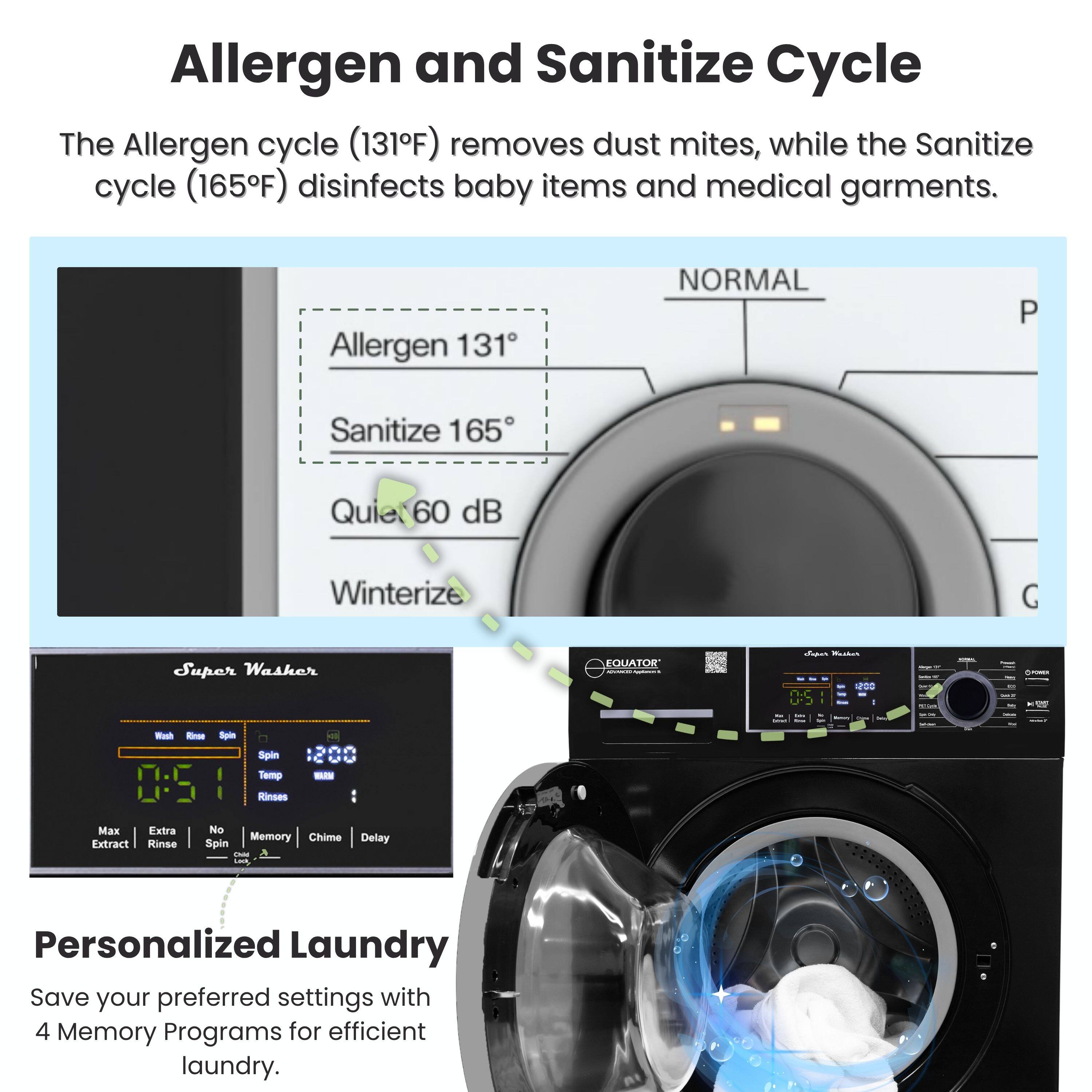 Allergen and Sanitize Cycle

The Allergen cycle (131°F) removes dust mites, while the Sanitize cycle (165°F) disinfects baby items and medical garments.

Allergen 131  
Sanitize 165  
Quiet 60 dB  
Winterize  

Super Washer EQUATOR

Personalized Laundry

Save your preferred settings with 4 Memory Programs for efficient laundry.