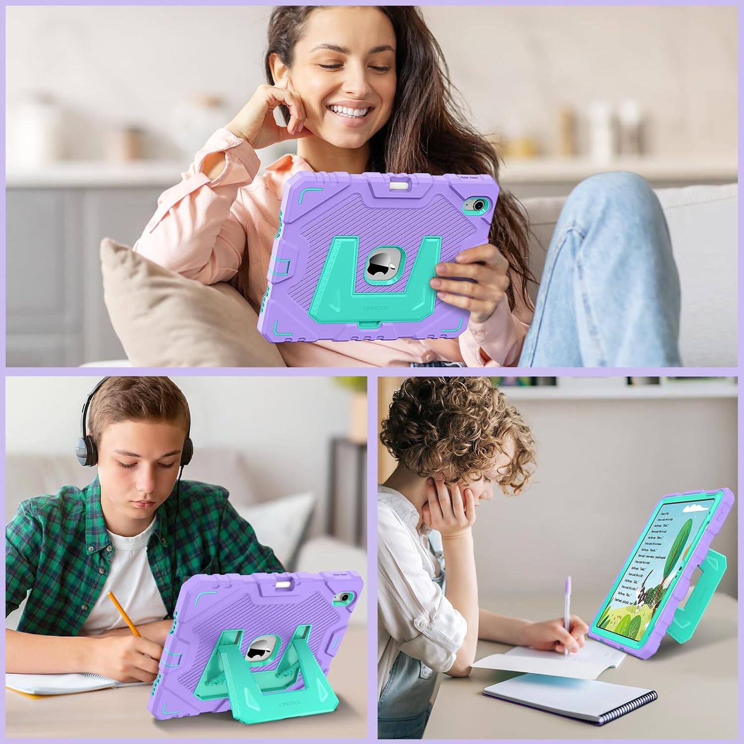 Alt View 3. Fintie - Kid-Friendly Case for iPad (A16) 11th Gen 11-inch/iPad 10th Gen 10.9"| Fully-Body Rugged Heavy-Duty Kickstand Cover - Purple/Green.