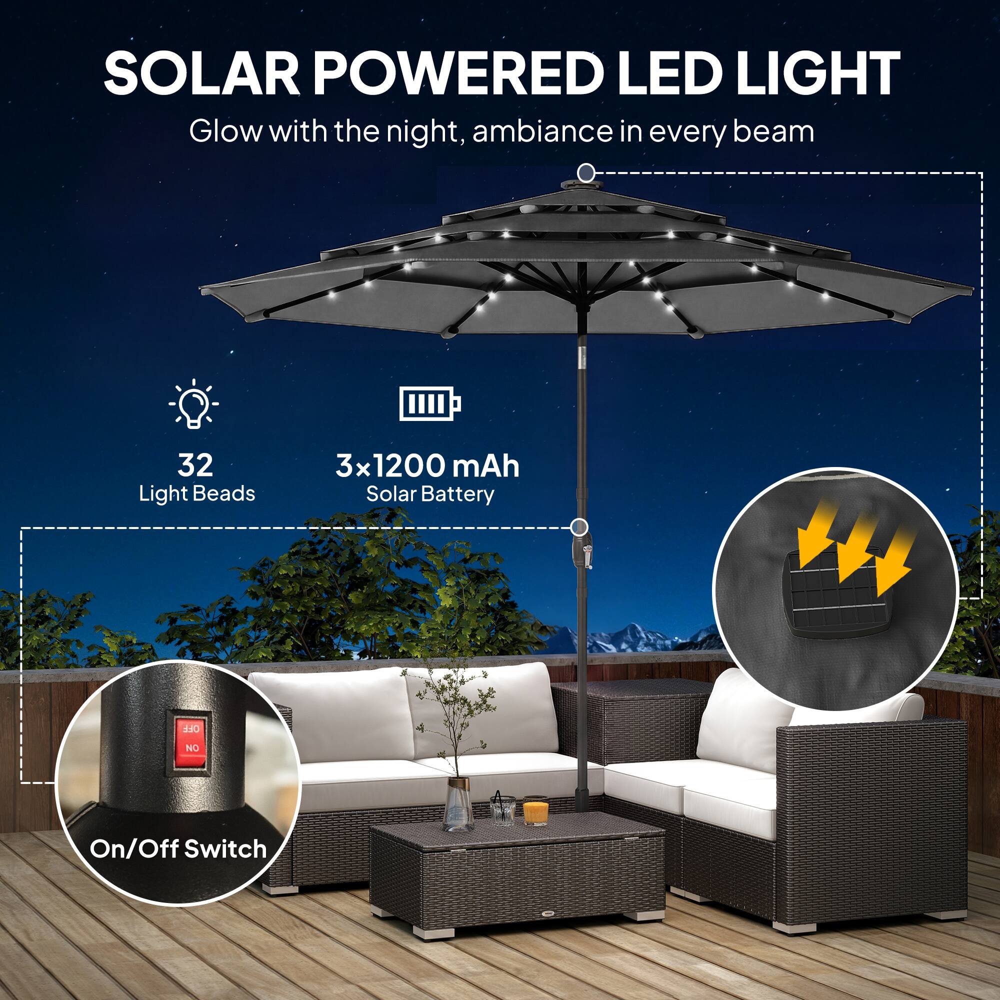 SOLAR POWERED LED LIGHT  
Glow with the night, ambiance in every beam  

- 32 Light Beads  
- 3x 1200 mAh Solar Battery  
- On/Off Switch