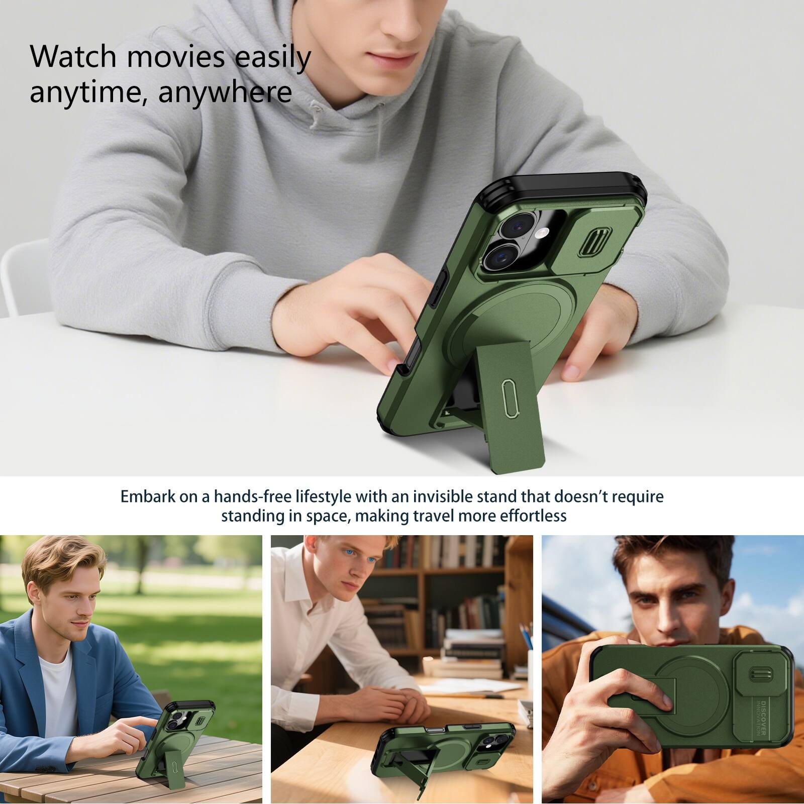 Watch movies easily anytime, anywhere

Embark on a hands-free lifestyle with an invisible stand that doesn't require standing in space, making travel more effortless