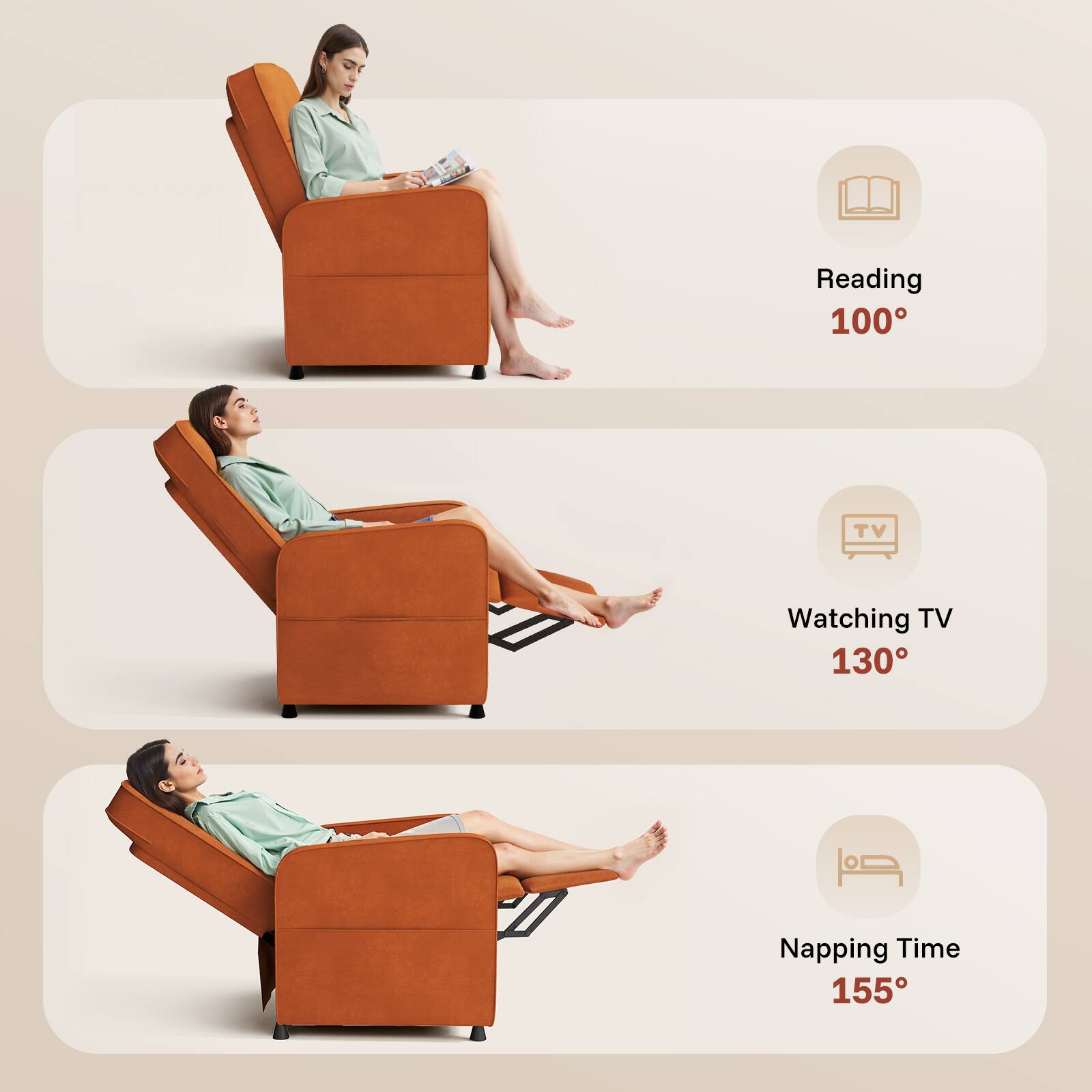 Reading 100°, Watching TV 130°, Napping Time 155°