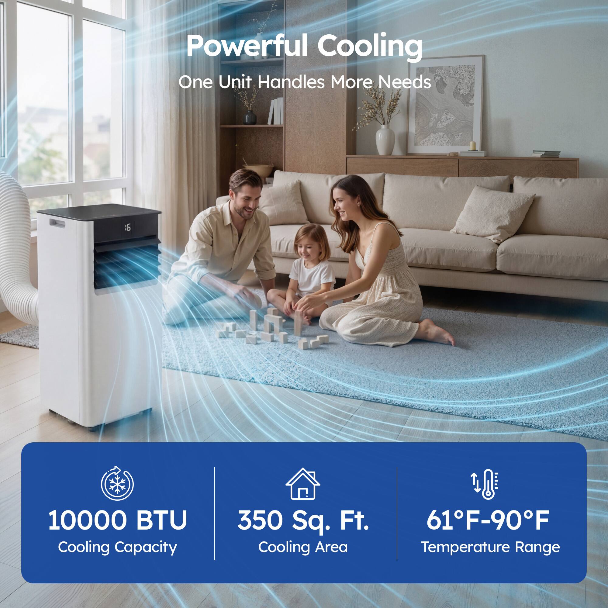 Powerful Cooling  
One Unit Handles More Needs  

25,000 BTU Cooling Capacity  
350 Sq. Ft. Cooling Area  
61°F-90°F Temperature Range
