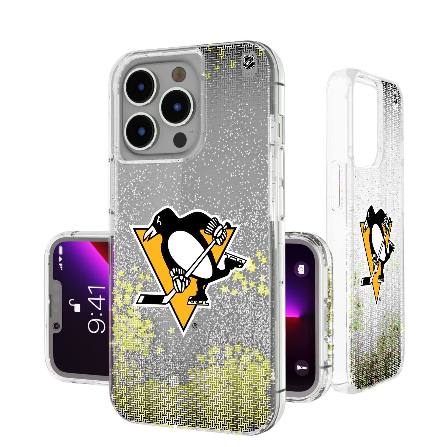 Front. Keyscaper - Pittsburgh Penguins Linen Logo iPhone Glitter Case - 16 Pro Max - Multicolor.