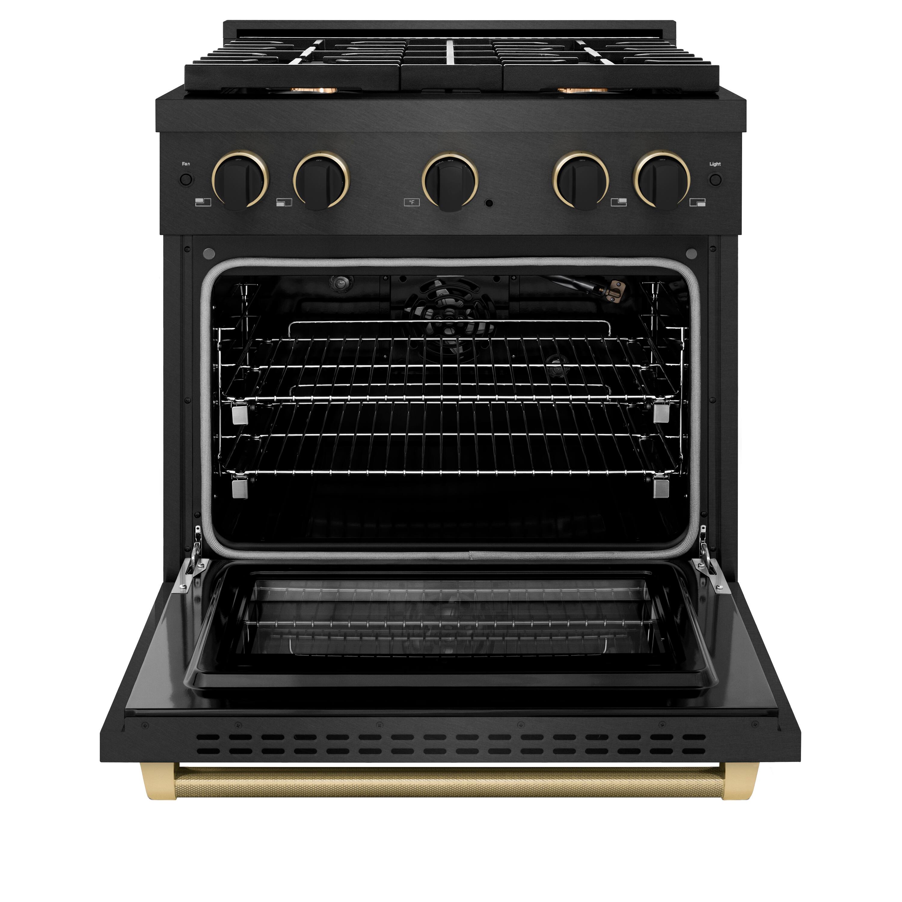 Angle. ZLINE - ZLINE Designer 30 in. 4.2 cu. ft. Manual Clean Freestanding Gas Range in Black Satin Steel with Black and Bronze Accents - Black Satin Stainless Steel.