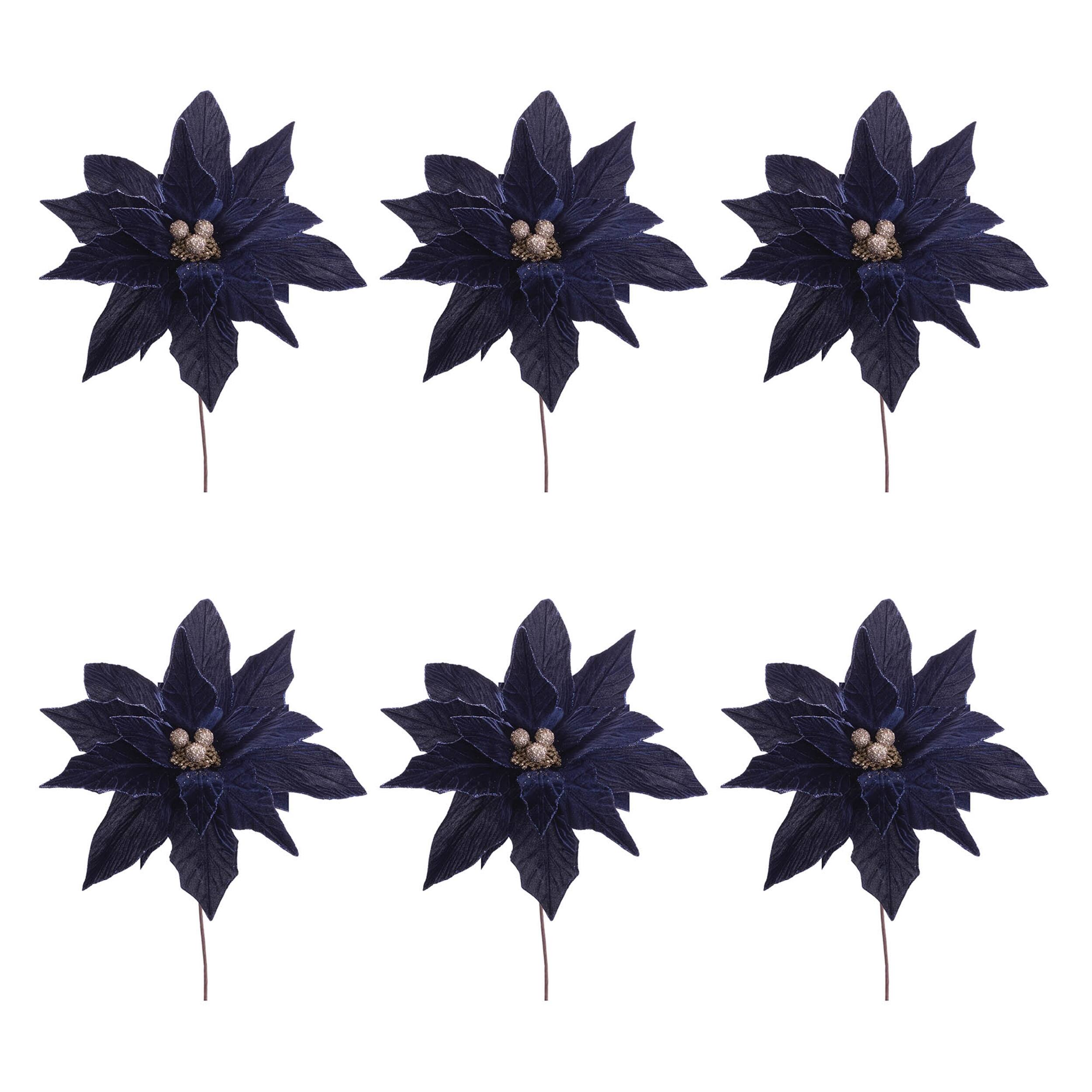 Left. BreeBe - Glittered Poinsettia Flower Stem (Set of 6) - Blue.