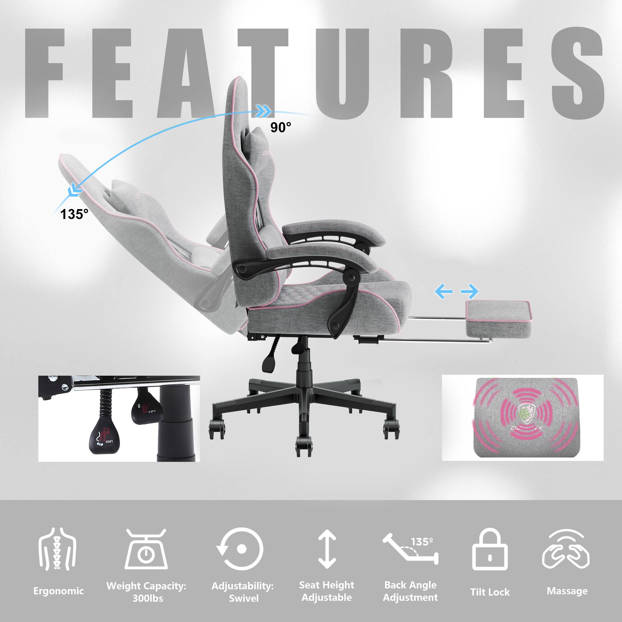 FEATURES

- Weight Capacity: 300lbs
- Adjustability: Swivel
- Seat Height Adjustable
- Back Angle Adjustment: 90° - 135°
- Tilt Lock
- Massage
- Ergonomic