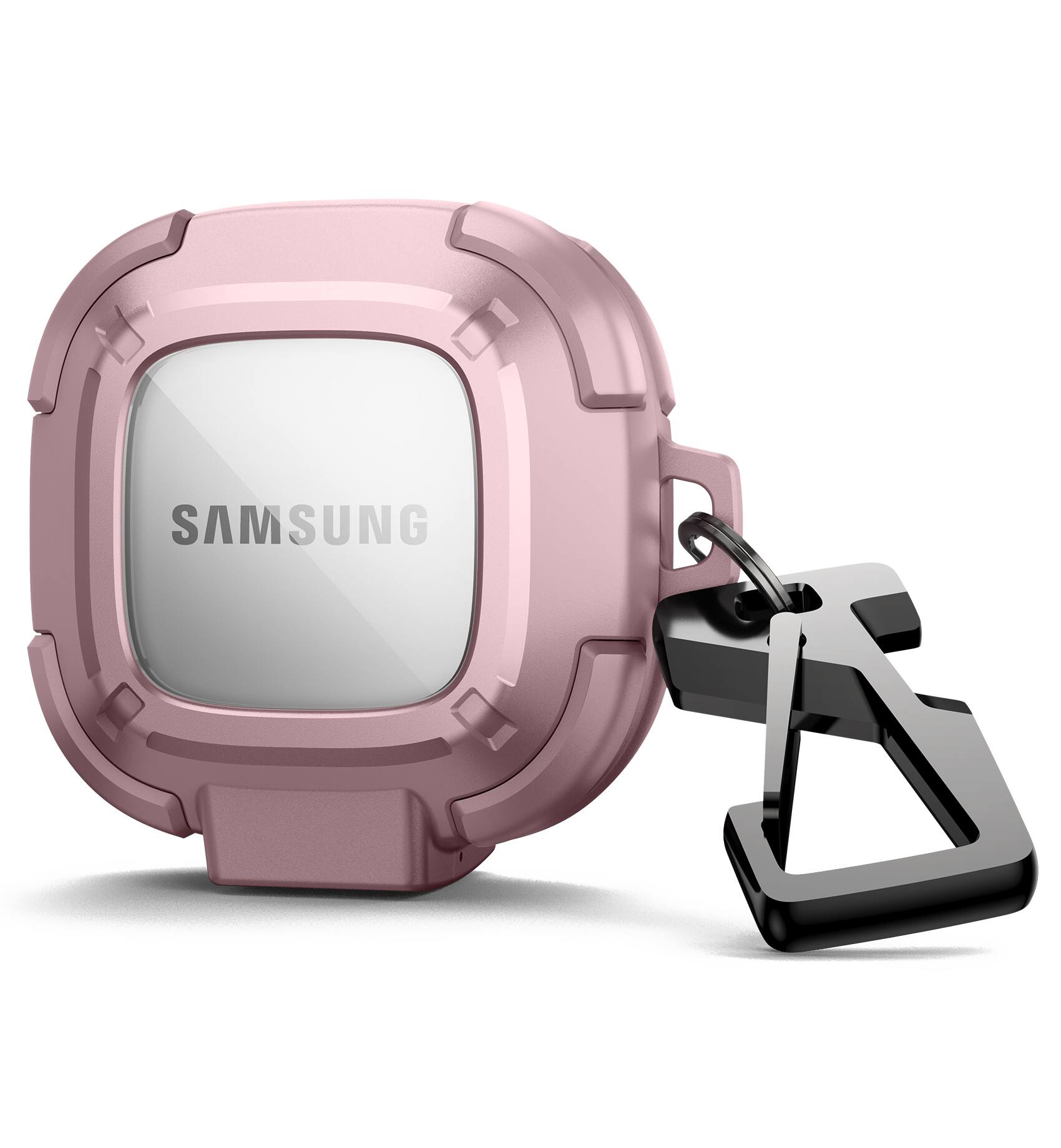 Angle. Dexnor - Rugged Bumper Case for Samsung Galaxy Buds FE/Buds 2 Pro/Buds 2)/Buds Pro (2021)/Buds Live with Secure Lock, Carabiner - Peony Pink.