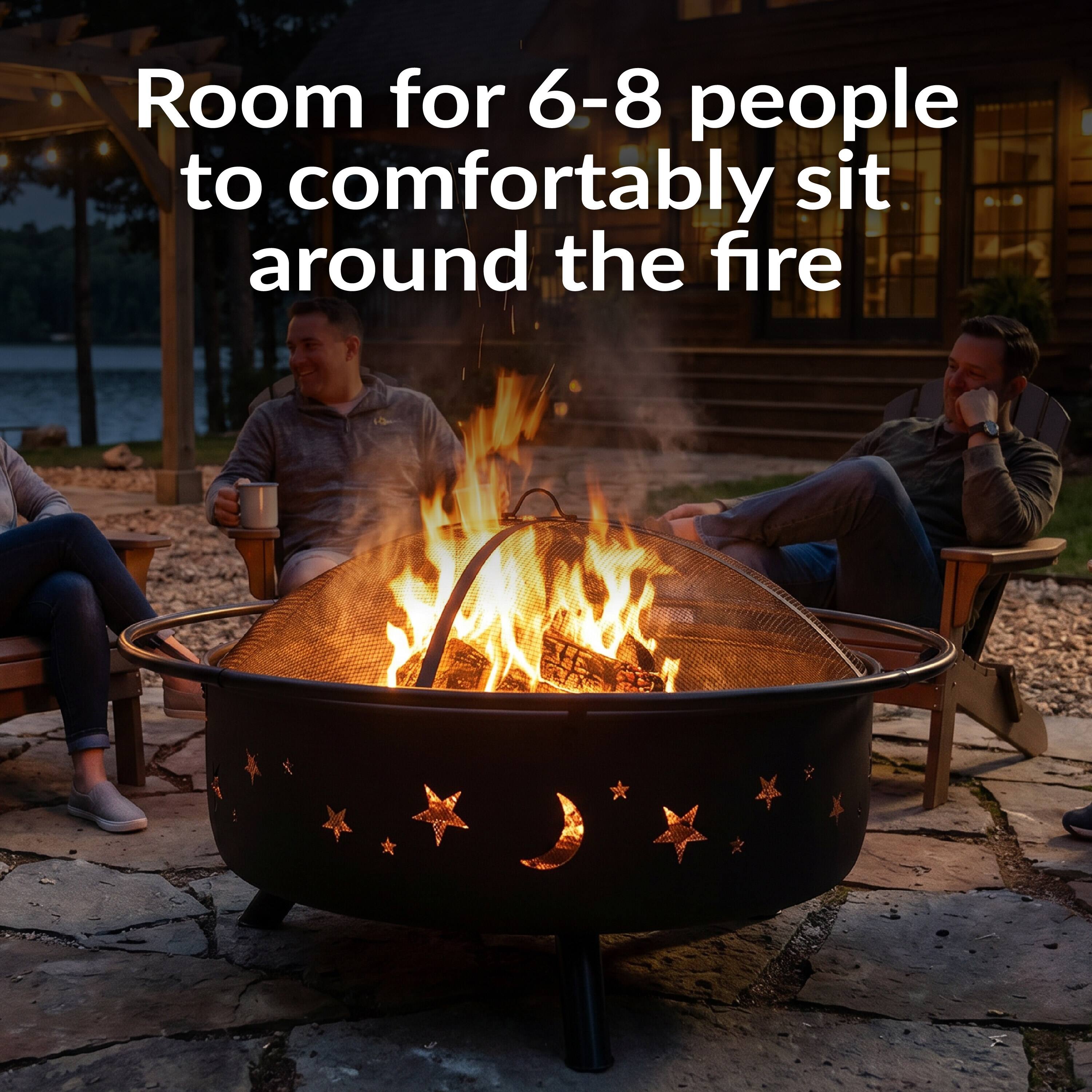 Room for 6-8 people to comfortably sit around the fire