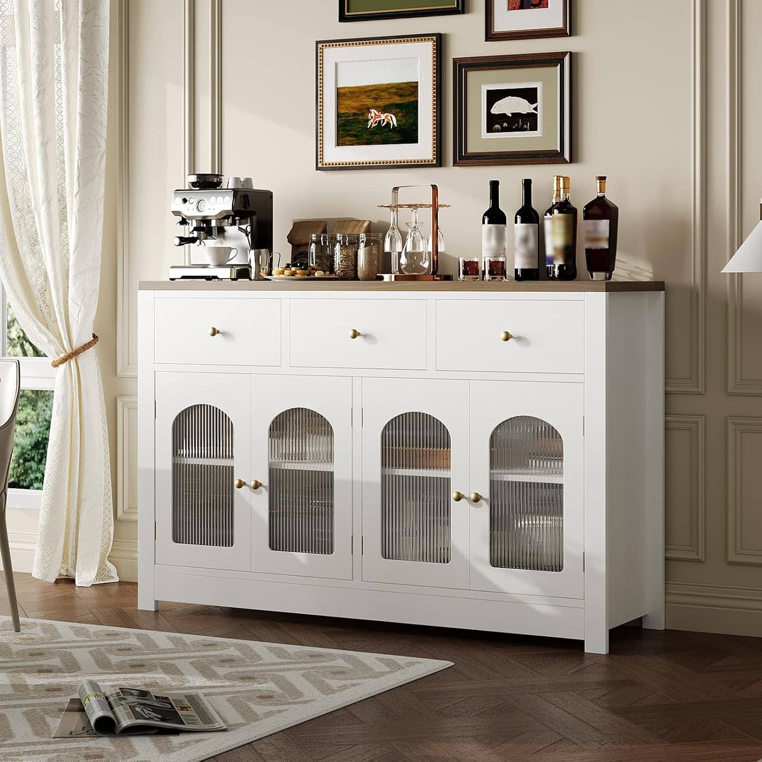 Jojoka - Farmhouse Large Buffet Sideboard Cabinet with Four Doors Three Drawers Adjustable Shelves and Fluted Acrylic Doors - White