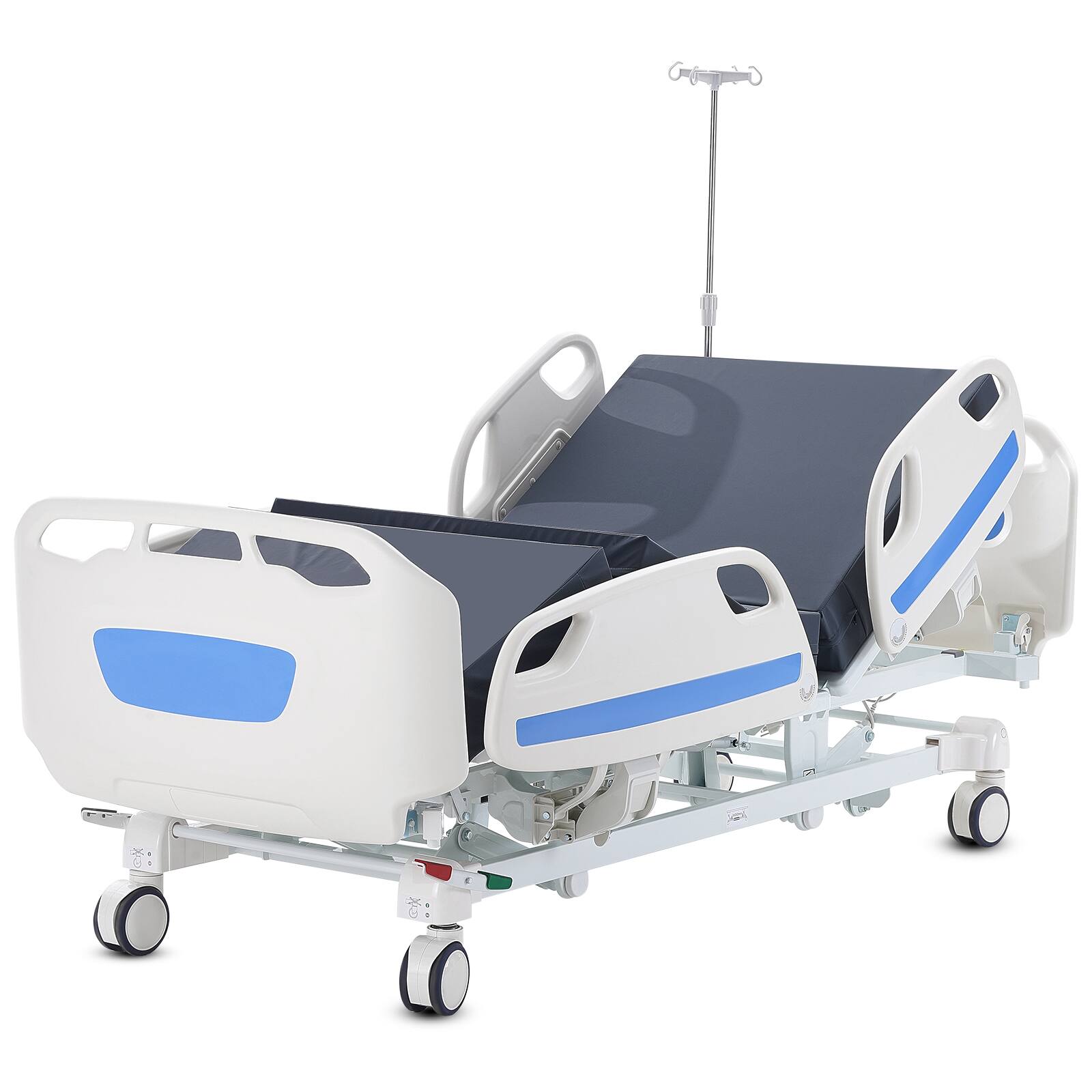 Front. VEVOR - Premium 5 Function Full Electric Hospital Bed, ICU Electric Medical Bed with Trendelenburg & Reverse Trendelenburg - White and Blue.