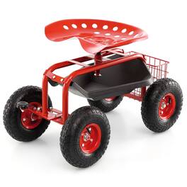 Gymax - Cart Wagon Rolling Work Seat w/ Tool Tray Basket Planting Patio - Red