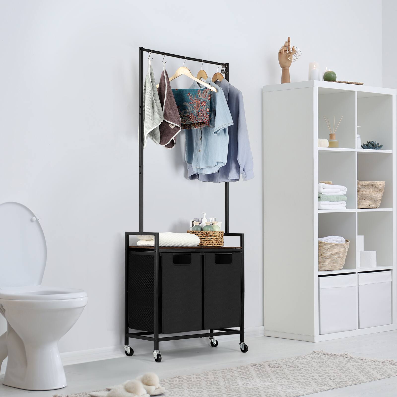 Alt View 4. Oumilen - 2-Bag Rolling Laundry Hamper with Clothes Rack – Metal Garment Rack with Hooks & Removable Bags,Brown - Brown.