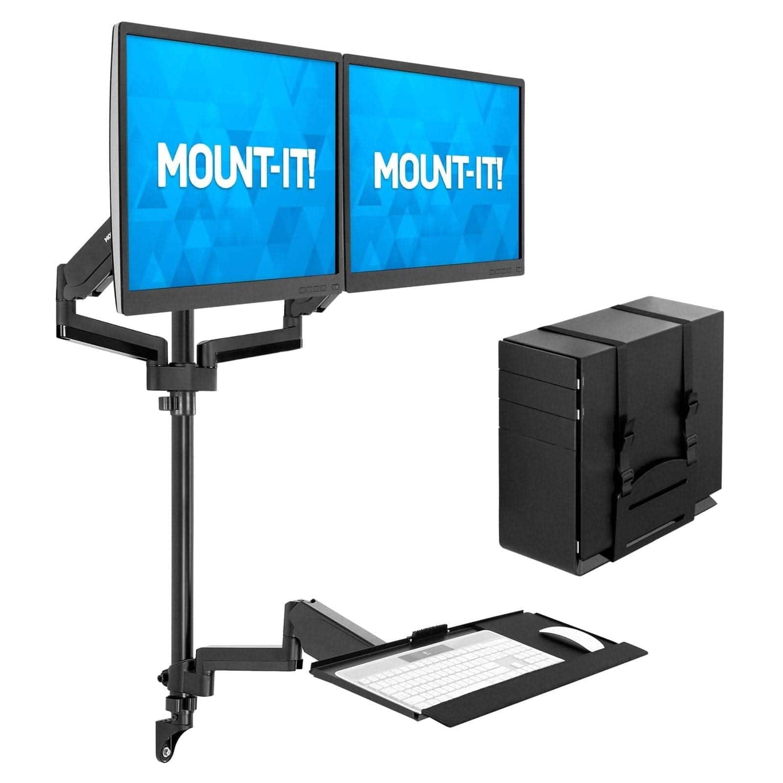 Mount-It! - Dual Monitor Wall Mount Workstation with Height‑Adjustable Arms, Keyboard Tray & CPU Hold - Black