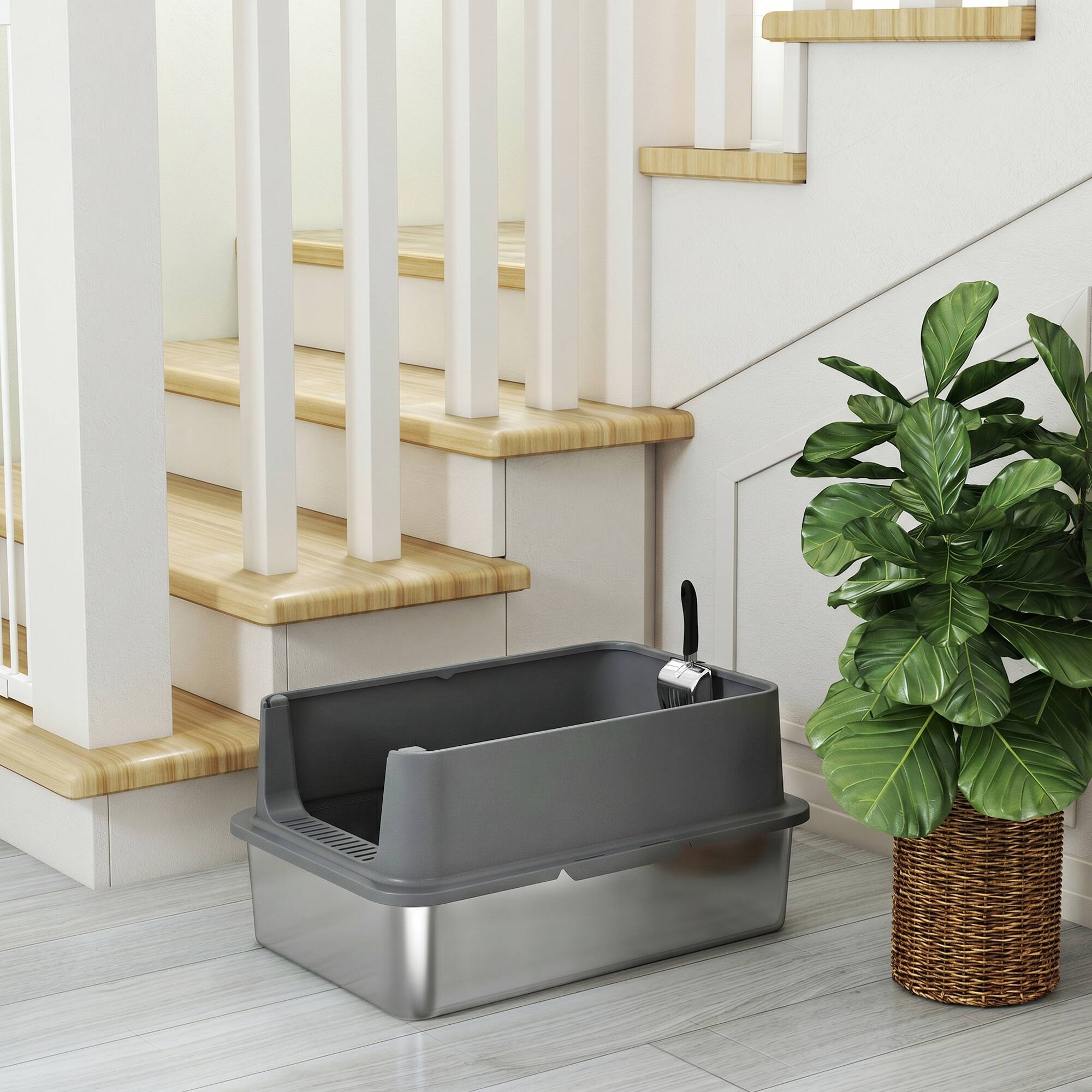 Alt View 8. Pawhut - Large Stainless Steel Cat Litter Box with Scoop & Pad, Anti-Urine Leakage - Dark Gray.