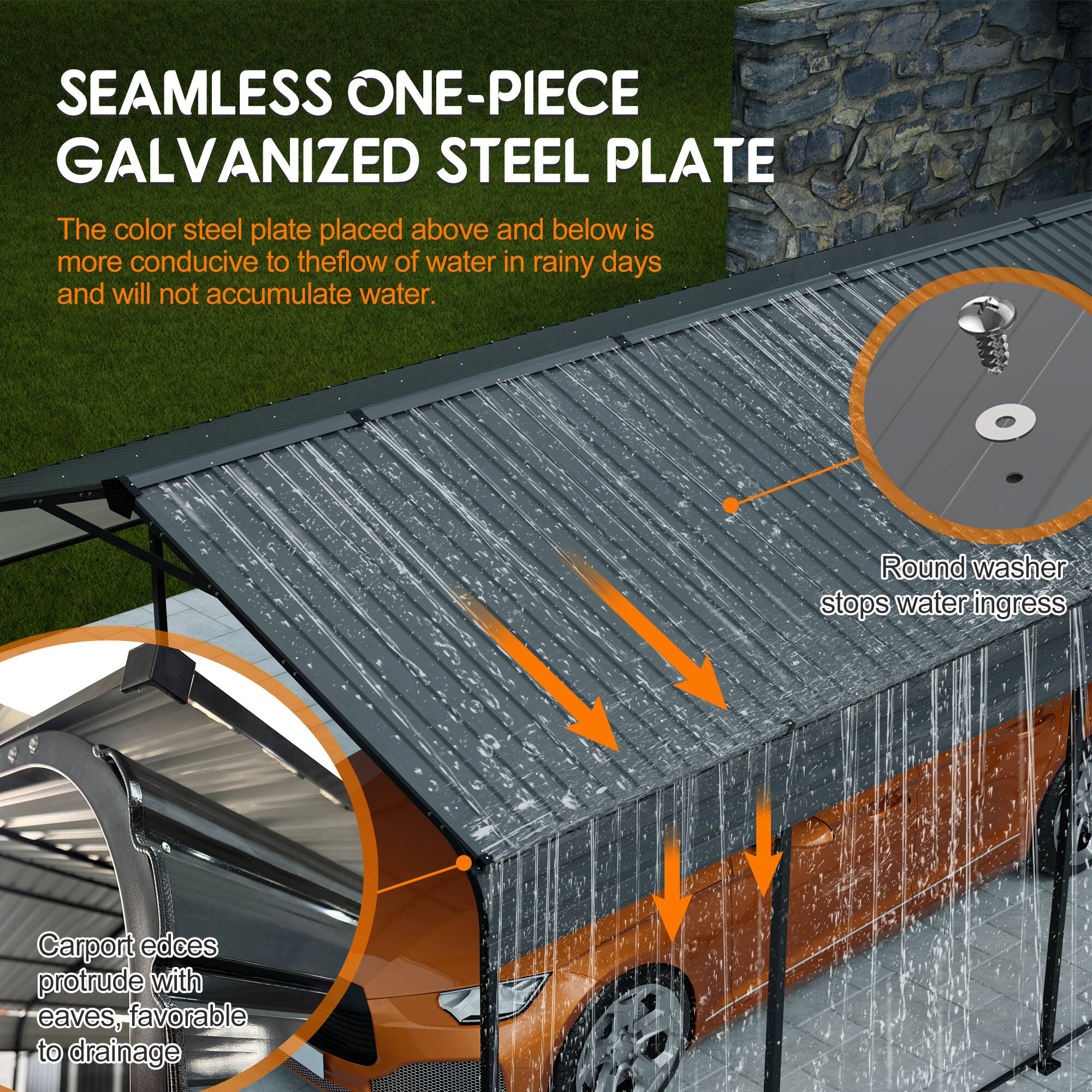SEAMLESS ONE-PIECE GALVANIZED STEEL PLATE

The color steel plate placed above and below is more conducive to the flow of water in rainy days and will not accumulate water.

Round washer stops water ingress

Carport edges protrude with eaves, favorable to drainage