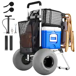 VEVOR - Beach Dolly with Big Wheels for Sand, 20" x 15" Cargo Deck, Folding Sand Cart with 12" Balloon Wheels, 165 lbs Loading - Silver White