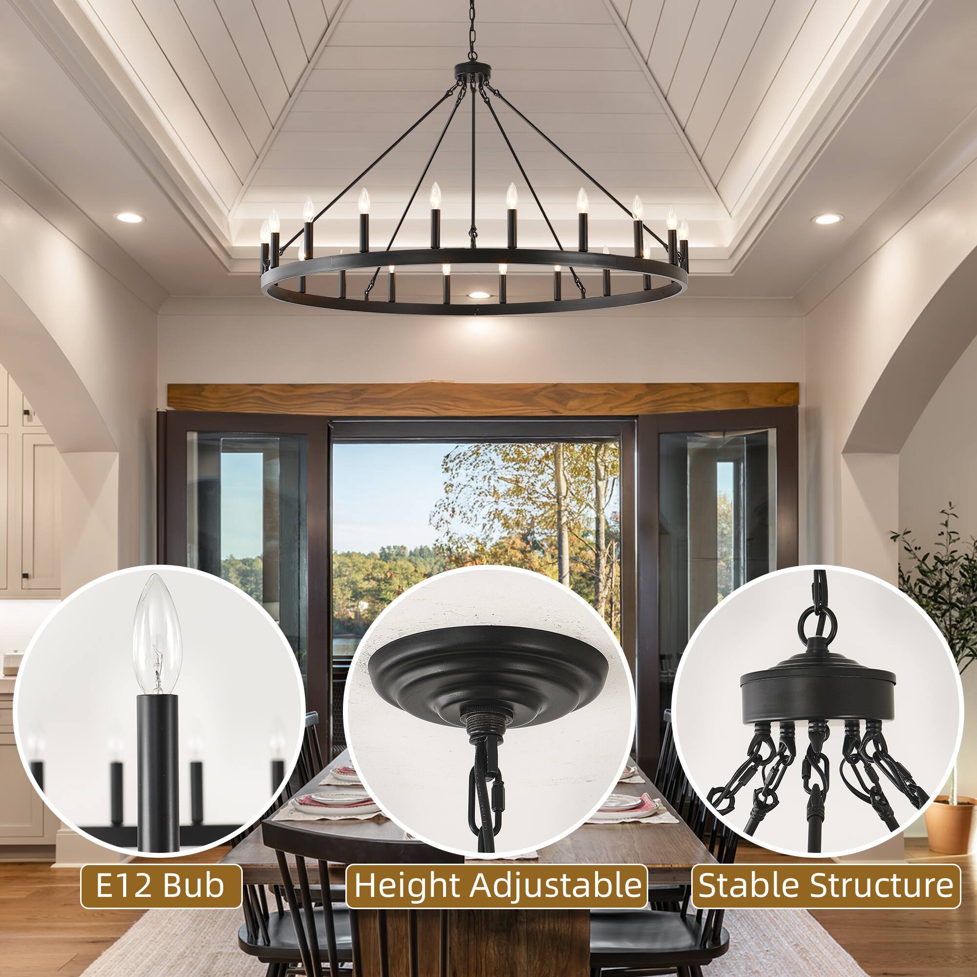 Alt View 3. RYHNUYNE - 53 Inch Large Black Farmhouse Wagon Wheel Chandelier 20-Light Industrial Rustic Pendant Light Fixture for High Ceiling - Black.