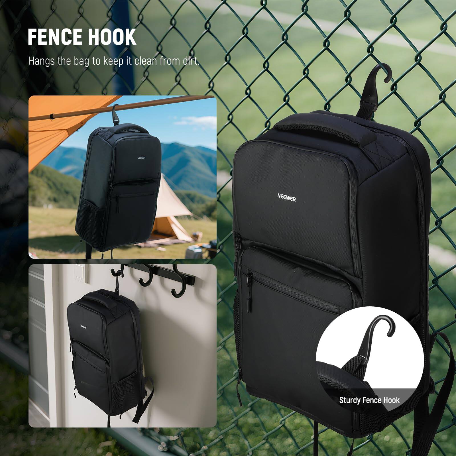 FENCE HOOK  
Hangs the bag to keep it clean from dirt.  
Sturdy Fence Hook