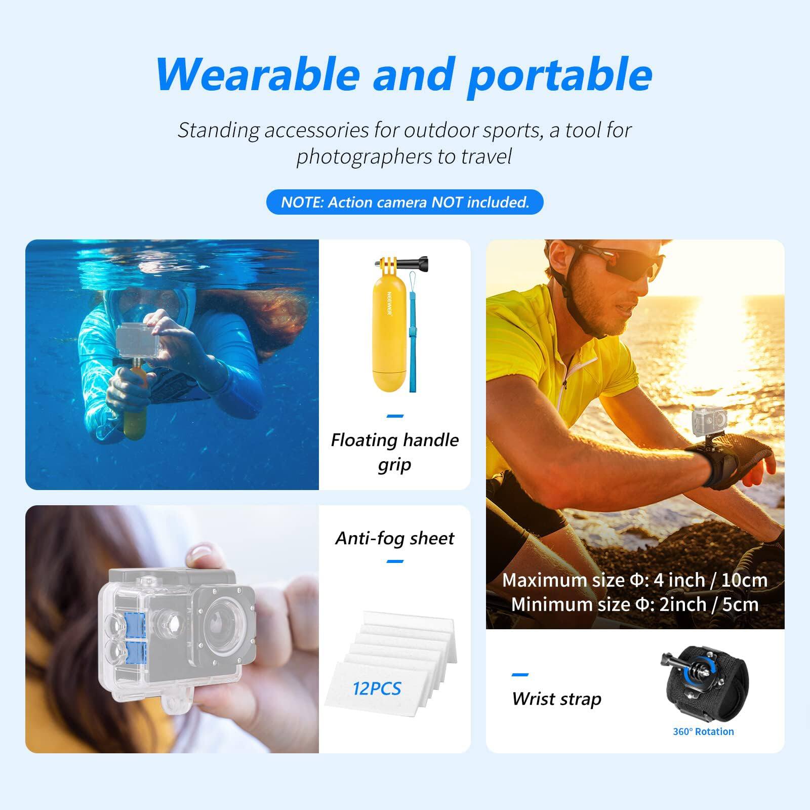 Wearable and portable  
Standing accessories for outdoor sports, a tool for photographers to travel  

NOTE: Action camera NOT included.  

- Floating handle grip  
- Anti-fog sheet  
- Wrist strap  

Maximum size: 4 inch / 10cm  
Minimum size: 2 inch / 5cm  

12PCS  

360° Rotation