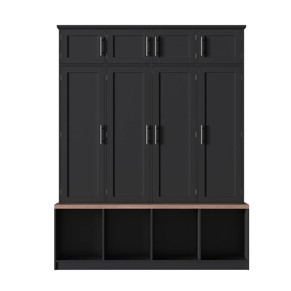 Alt View 4. Loheer - Loheer Farmhouse Hall Tree with Seating Bench, Black Entryway Shoe Cabinet, 75 Inch Tall - Black.