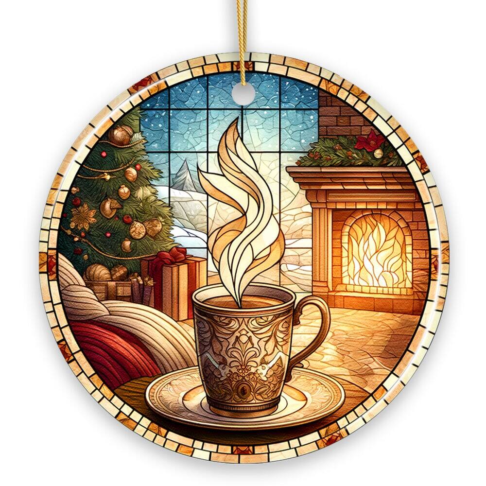 Front. OrnamentallyYou - Coffee Illustration Stained Glass Style Ceramic Ornament Christmas Gift and Decor - Multi-colored.