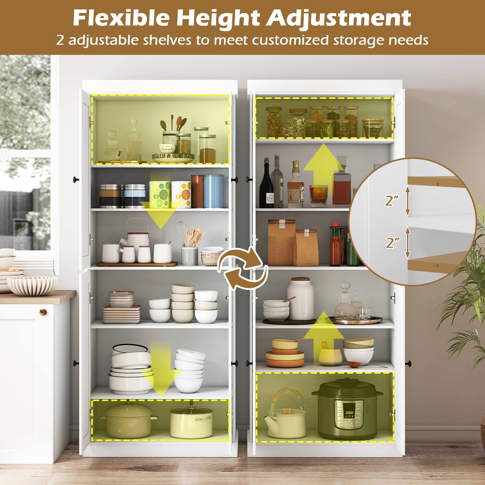 Flexible Height Adjustment  
2 adjustable shelves to meet customized storage needs