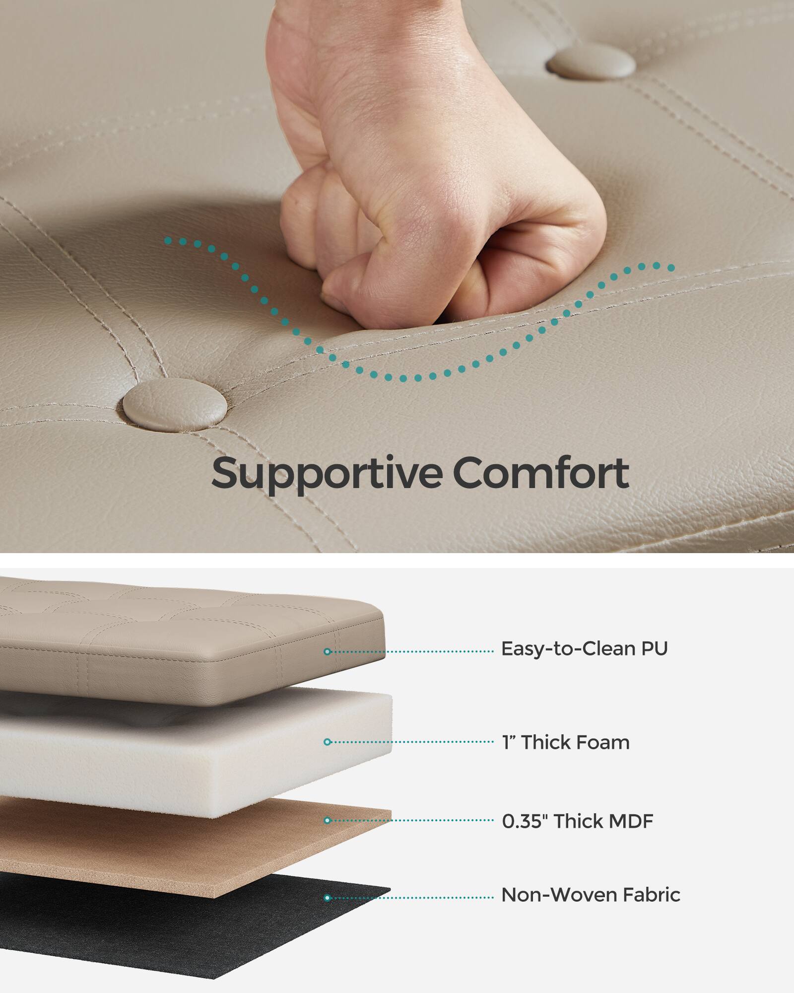 Supportive Comfort

Easy-to-Clean PU  
1" Thick Foam  
0.35" Thick MDF  
Non-Woven Fabric