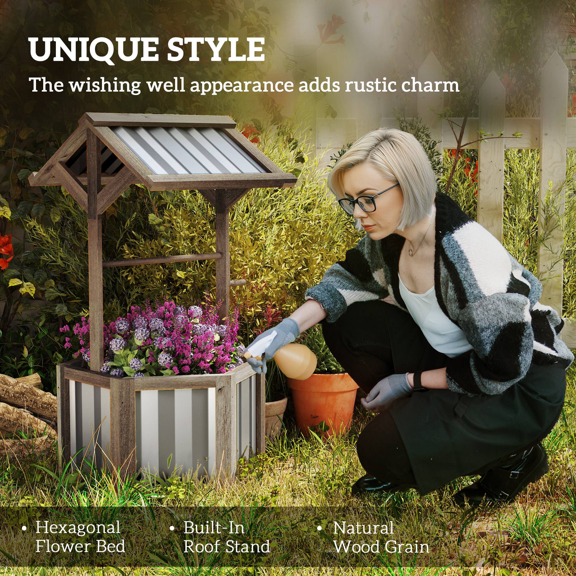 UNIQUE STYLE  
The wishing well appearance adds rustic charm  

- Hexagonal Flower Bed  
- Built-In Roof Stand  
- Natural Wood Grain