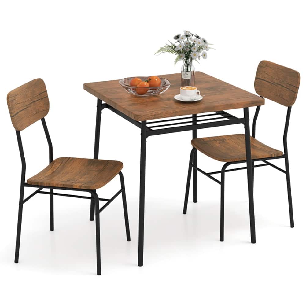 Pefilos - 3 Piece Dining Table Set for 2, Wood Square Table with Metal Frame, Multifunctional Kitchen Table - Brown
