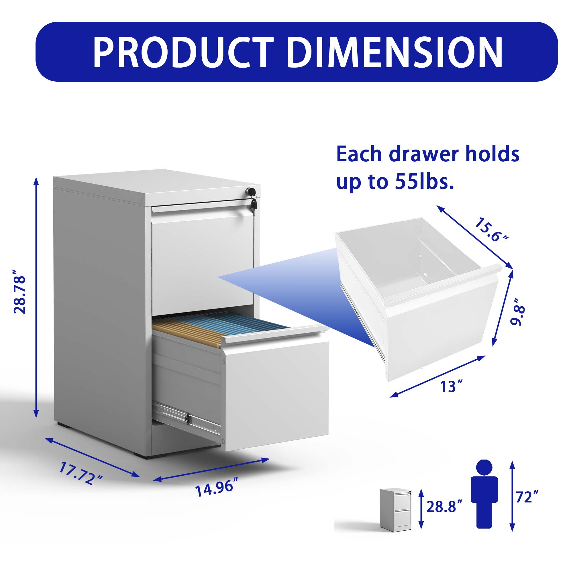 PRODUCT DIMENSION

Each drawer holds up to 55lbs.

- Height: 28.78"
- Width: 17.72"
- Depth: 14.96"
- Drawer Height: 15.6"
- Drawer Width: 13"
- Drawer Depth: 9.8"
- Overall Height: 72"
- Overall Width: 28.8"