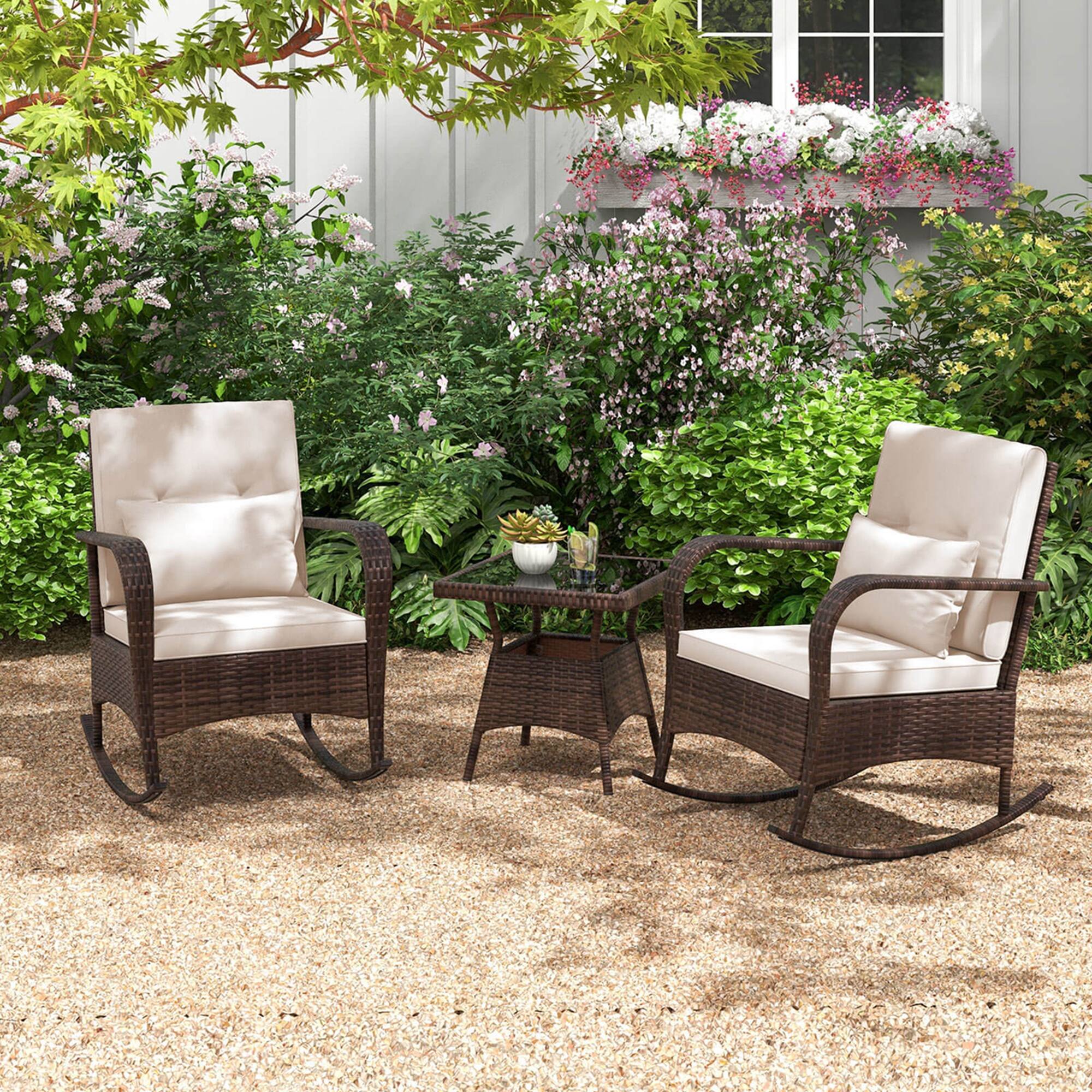 Alt View 1. Costway - Costway 3 PCS Rocking Bistro Set with Removable Cushions & Tempered Glass Top Table - Brown.