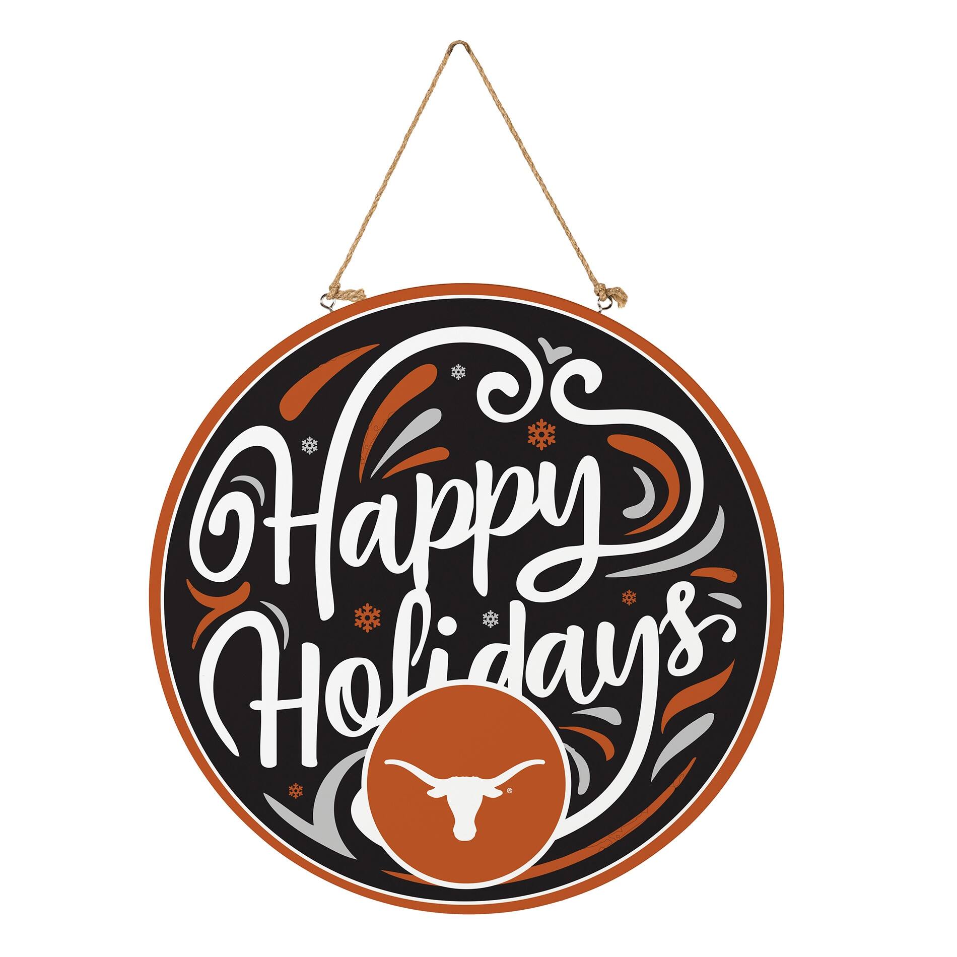 Alt View 2. Evergreen Enterprises - Texas Longhorns 18" Happy Holidays Wooden Round Door Sign - Multicolor.