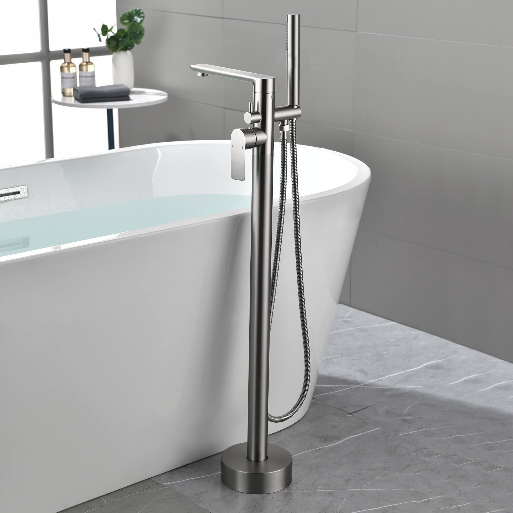 Alt View 4. Boyel Living - Brushed Nickel Freestanding Bathtub Faucet Solid Brass Single Handle 360° Swivel 60-Inch Hose cUPC Certified - Brushed Nickel.