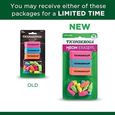 You may receive either of these packages for a LIMITED TIME

OLD
15c TICONDEROGA

NEW
15 TICONDEROGA NEON ERASERS
LATEX FREE