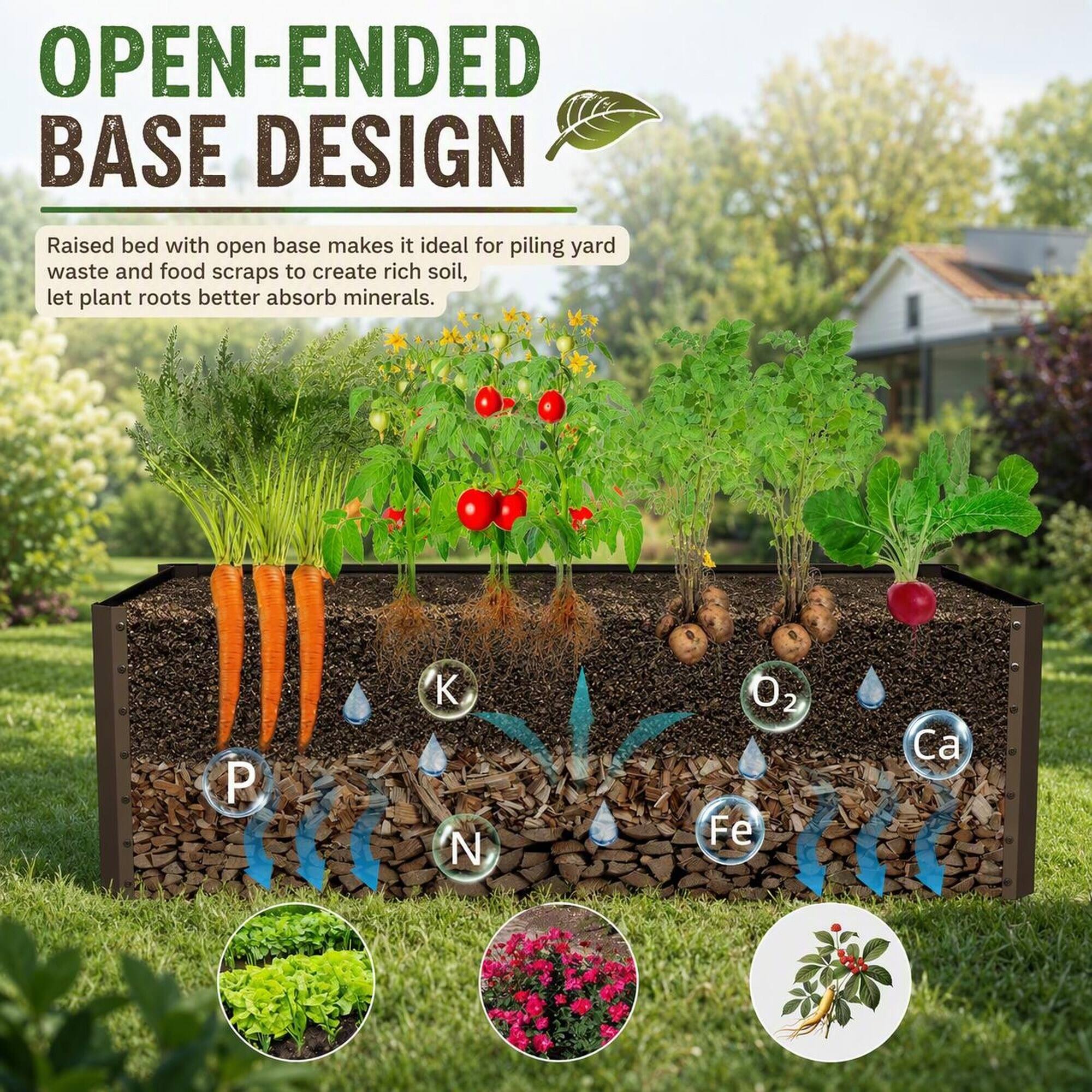 OPEN-ENDED BASE DESIGN

Raised bed with open base makes it ideal for piling yard waste and food scraps to create rich soil, let plant roots better absorb minerals.

P K N O2 Fe Ca
