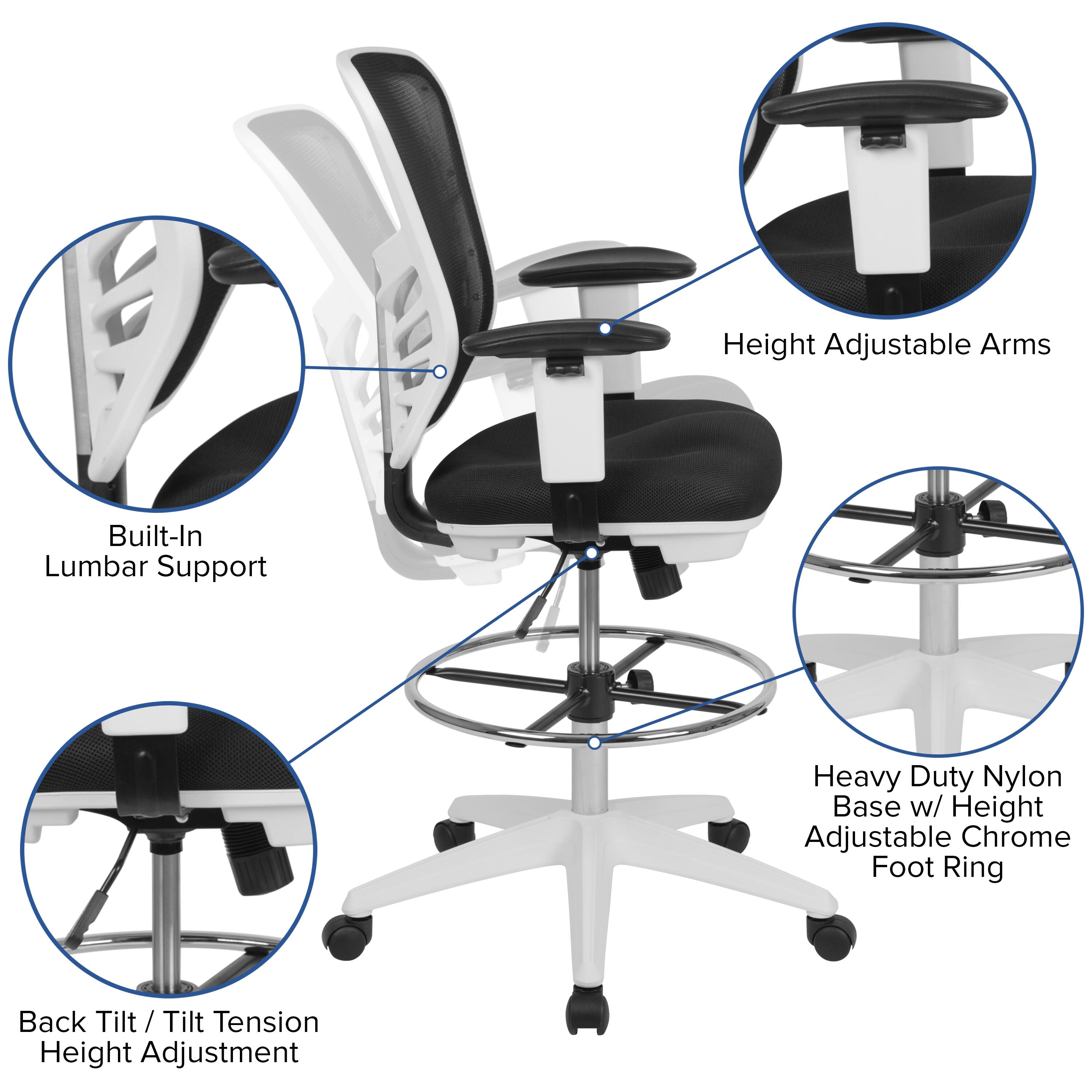 Height Adjustable Arms  
Built-In Lumbar Support  
Heavy Duty Nylon Base w/ Height Adjustable Chrome Foot Ring  
Back Tilt / Tilt Tension Height Adjustment