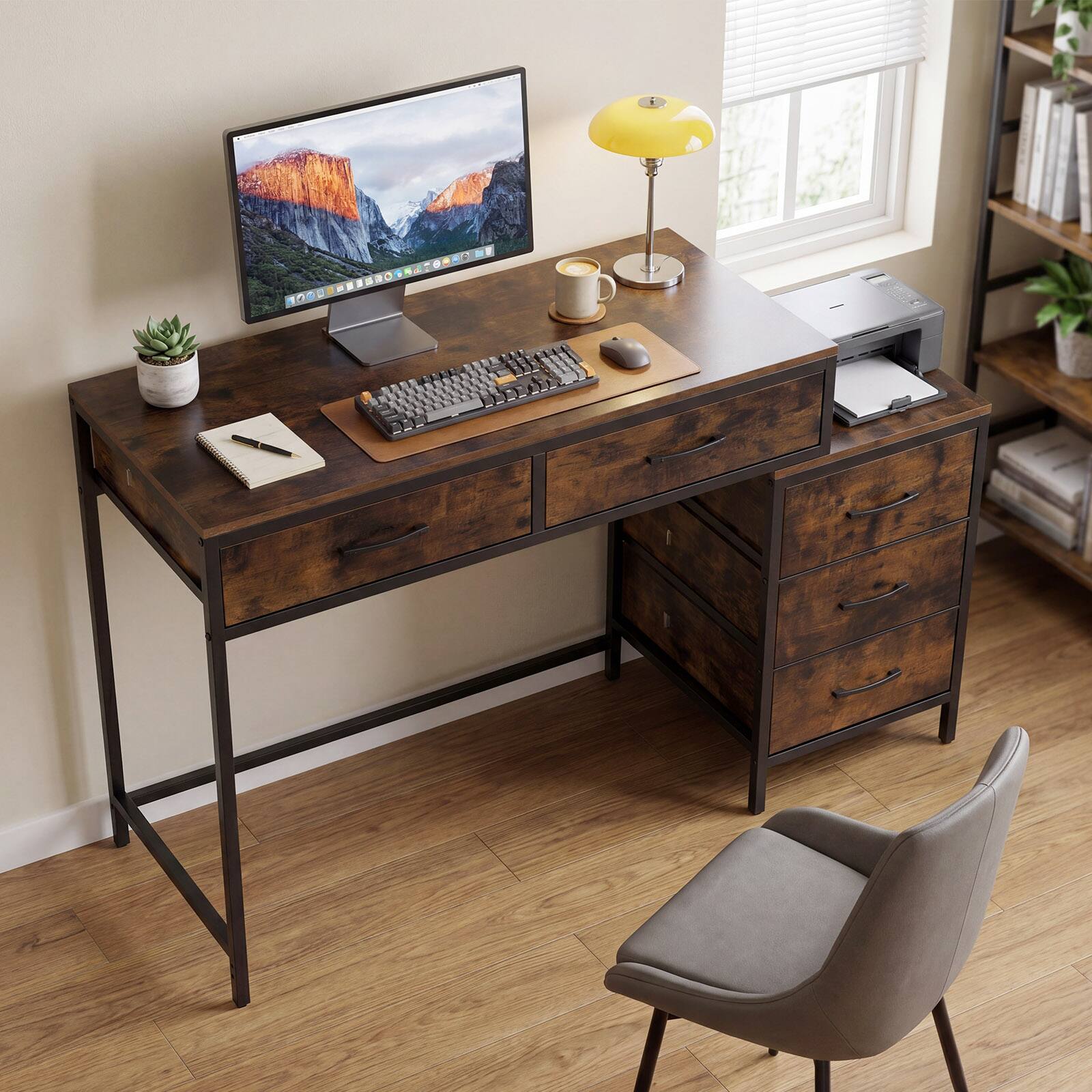 Alt View 1. Costway - Costway Computer Desk with 5 Drawers, 51 Inch Home Office Desk with Reversible Drawers - Rustic Brown.