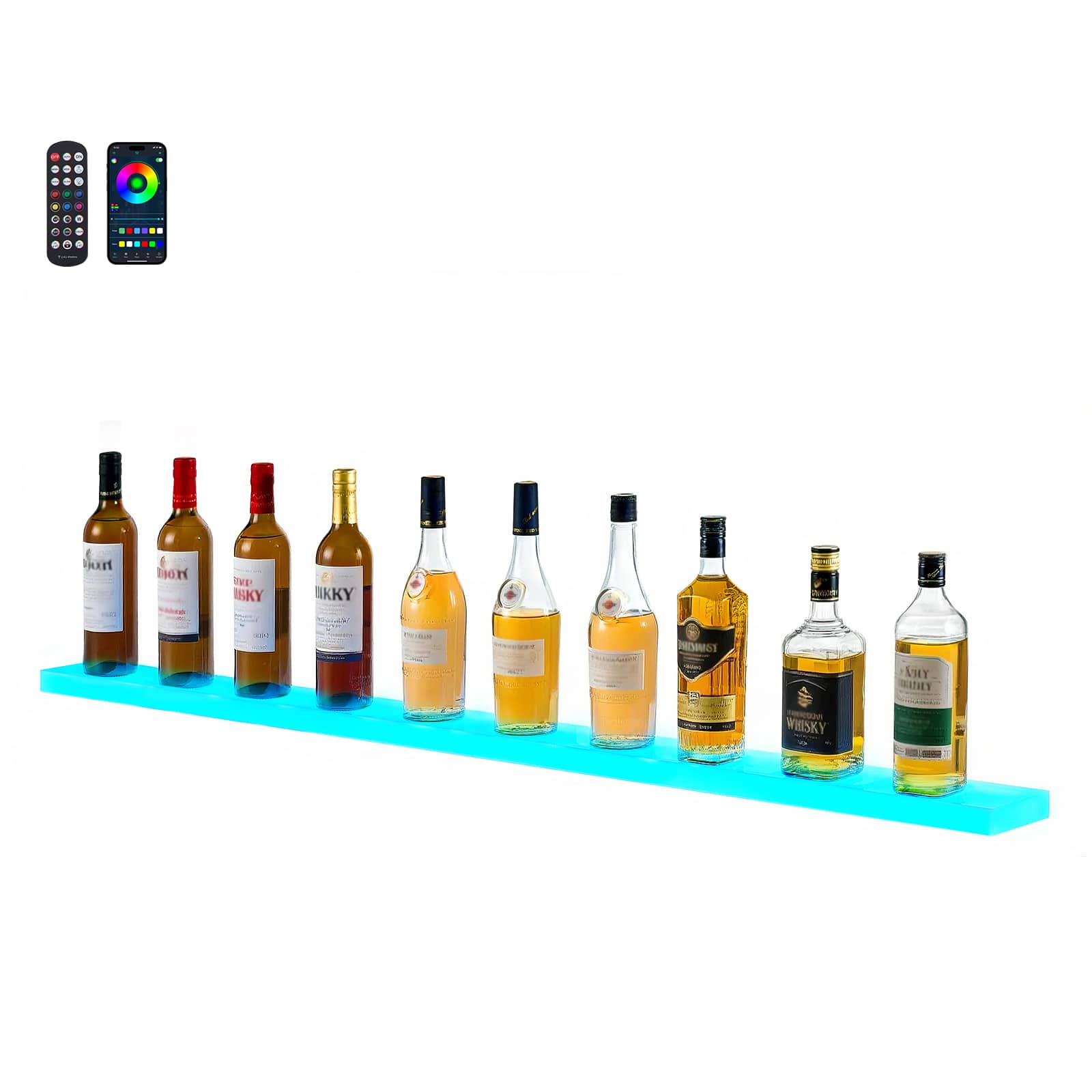VEVOR - LED Lighted Liquor Bottle Display,1-Tier 60Inches Whiskey Rack,Supports USB,with RF Remote & App Control,7 Static Colors - Black,White