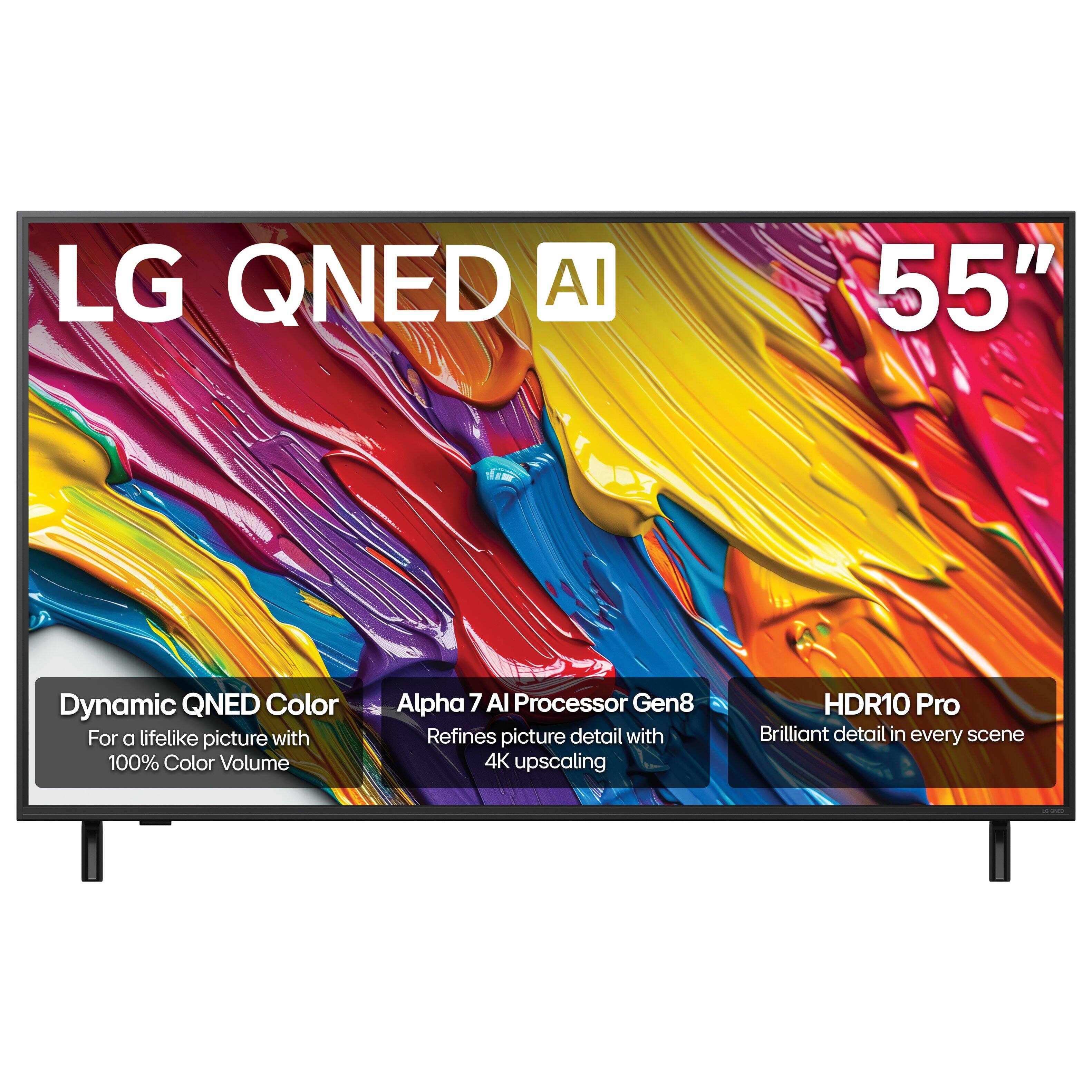 LG QNED AI  
55"  

Dynamic QNED Color  
For a lifelike picture with 100% Color Volume  

Alpha 7 AI Processor Gen8  
Refines picture detail with 4K upscaling  

HDR10 Pro  
Brilliant detail in every scene
